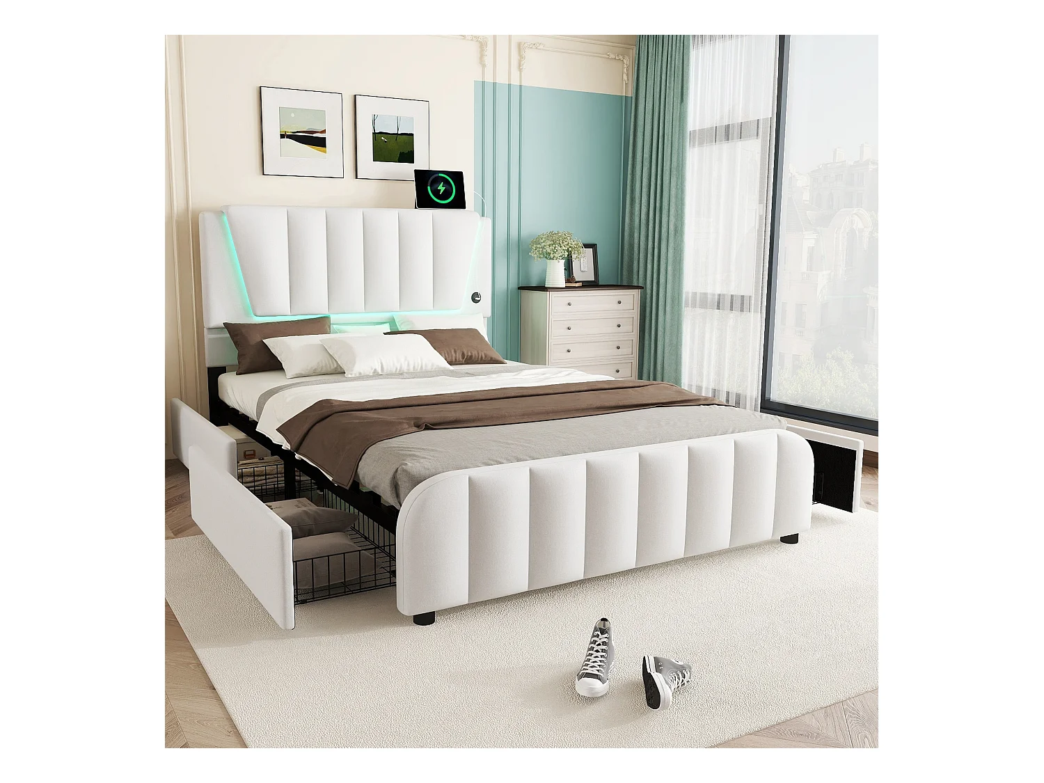 Lit capitonné 140 x 200 cm avec 4 tiroirs et tête de lit réglable - LEDs - tissu en lin - beige