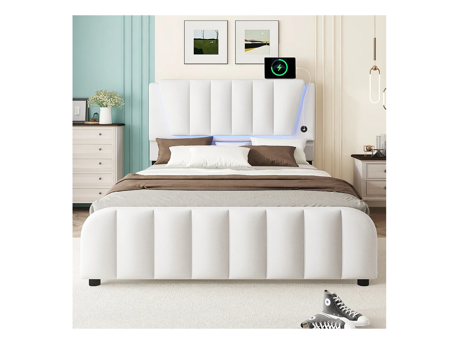 Lit capitonné 140 x 200 cm avec 4 tiroirs et tête de lit réglable - LEDs - tissu en lin - beige