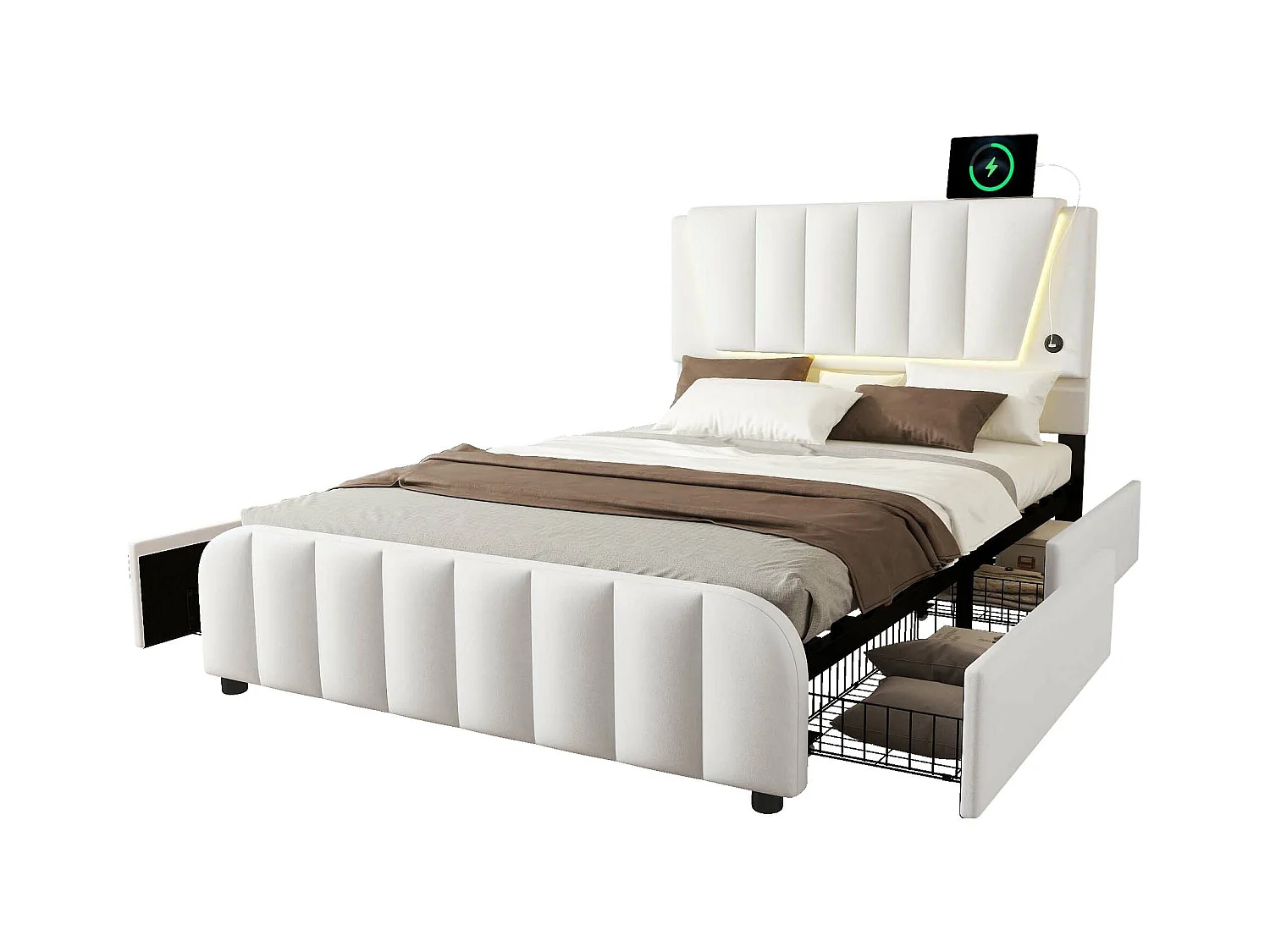 Lit capitonné 140 x 200 cm avec 4 tiroirs et tête de lit réglable - LEDs - tissu en lin - beige