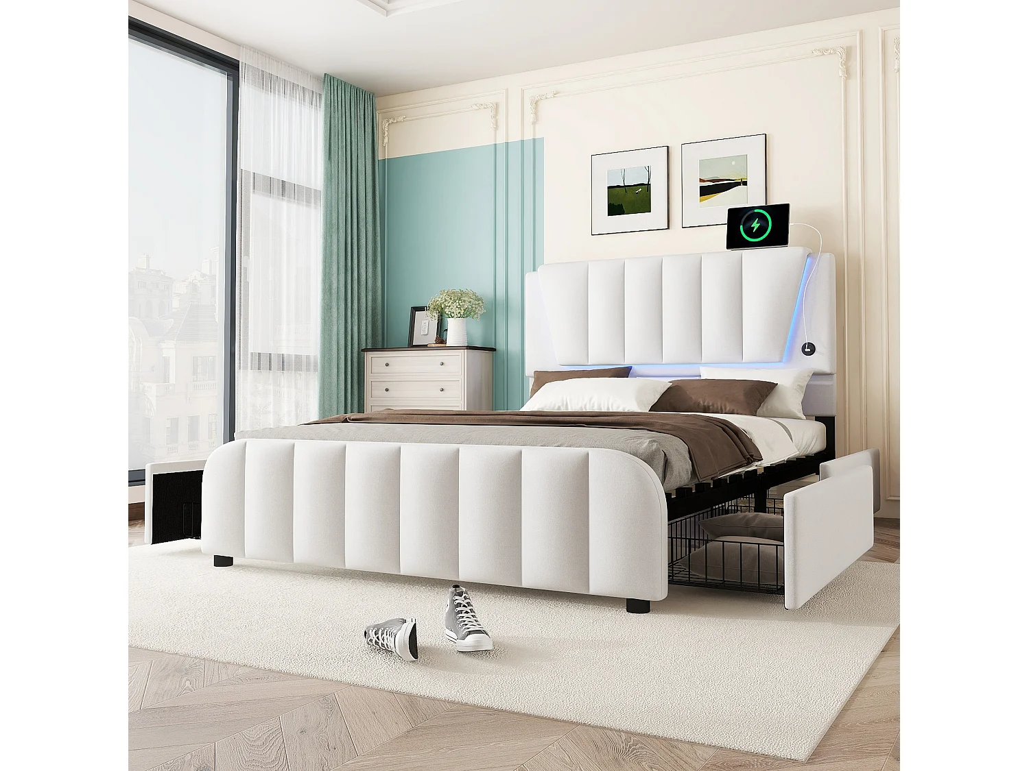 Lit capitonné 140 x 200 cm avec 4 tiroirs et tête de lit réglable - LEDs - tissu en lin - beige