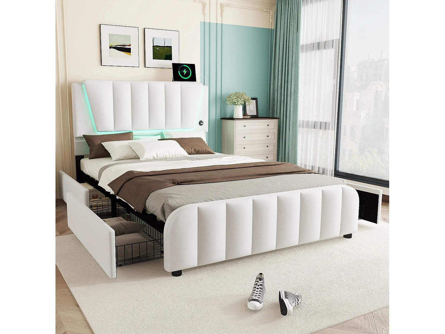 Lit capitonné 140 x 200 cm avec 4 tiroirs et tête de lit réglable - LEDs - tissu en lin - beige