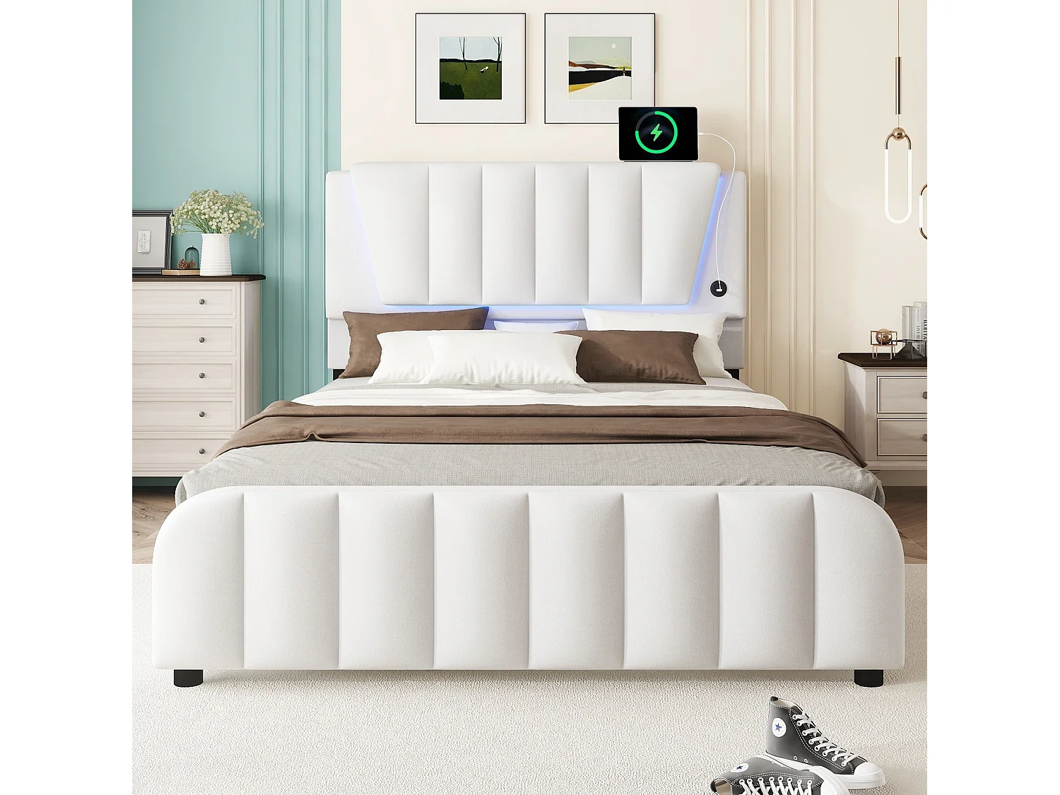 Lit capitonné 140 x 200 cm avec 4 tiroirs et tête de lit réglable - LEDs - tissu en lin - beige