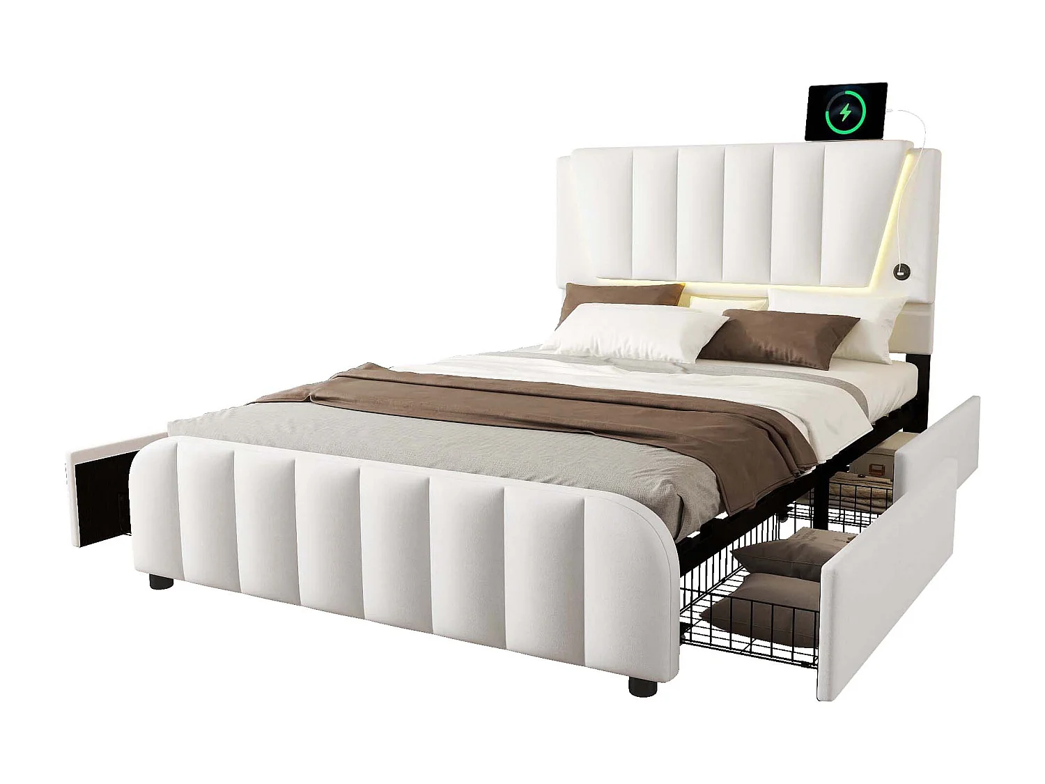 Lit capitonné 140 x 200 cm avec 4 tiroirs et tête de lit réglable - LEDs - tissu en lin - beige