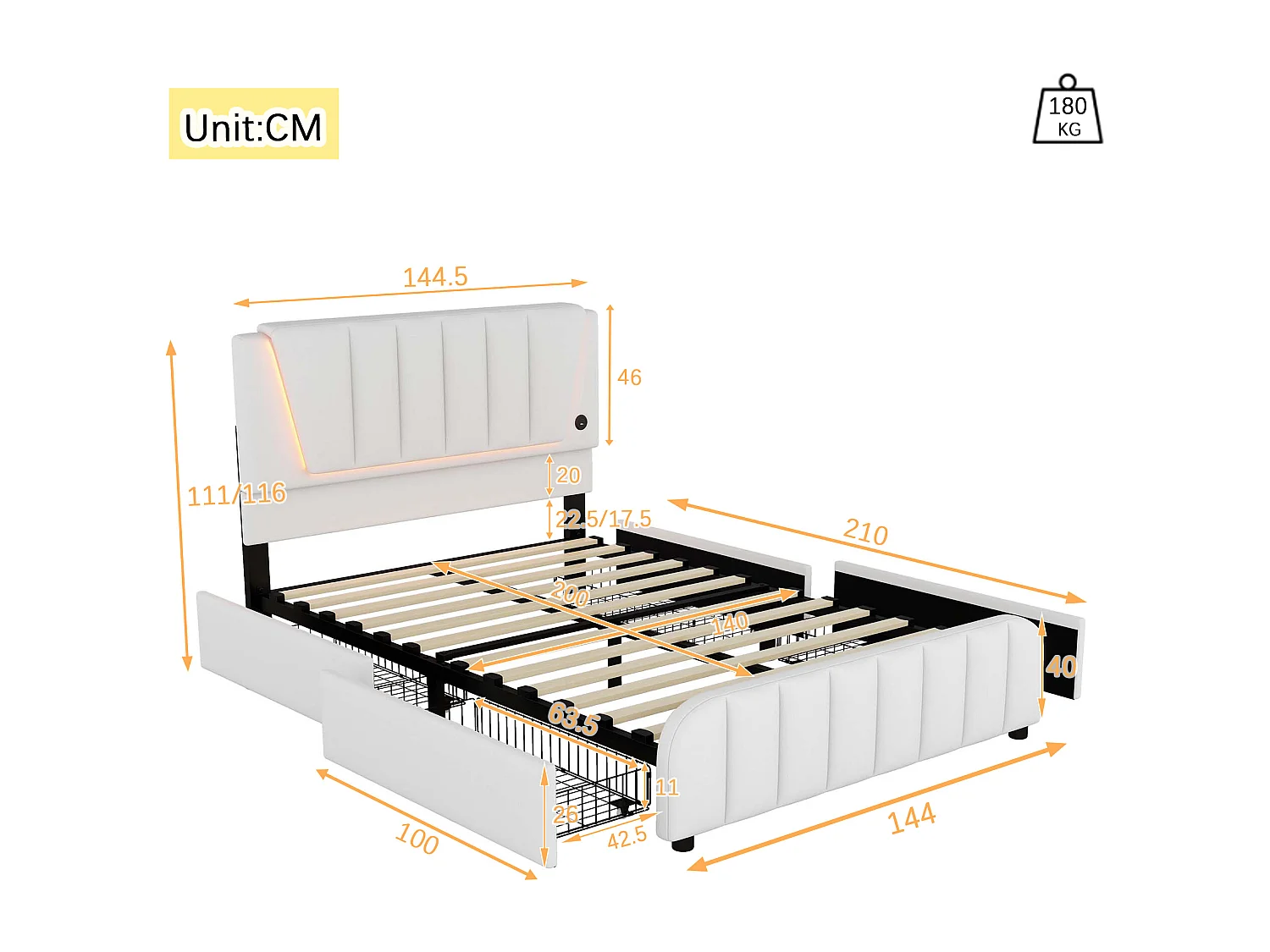 Lit capitonné 140 x 200 cm avec 4 tiroirs et tête de lit réglable - LEDs - tissu en lin - beige
