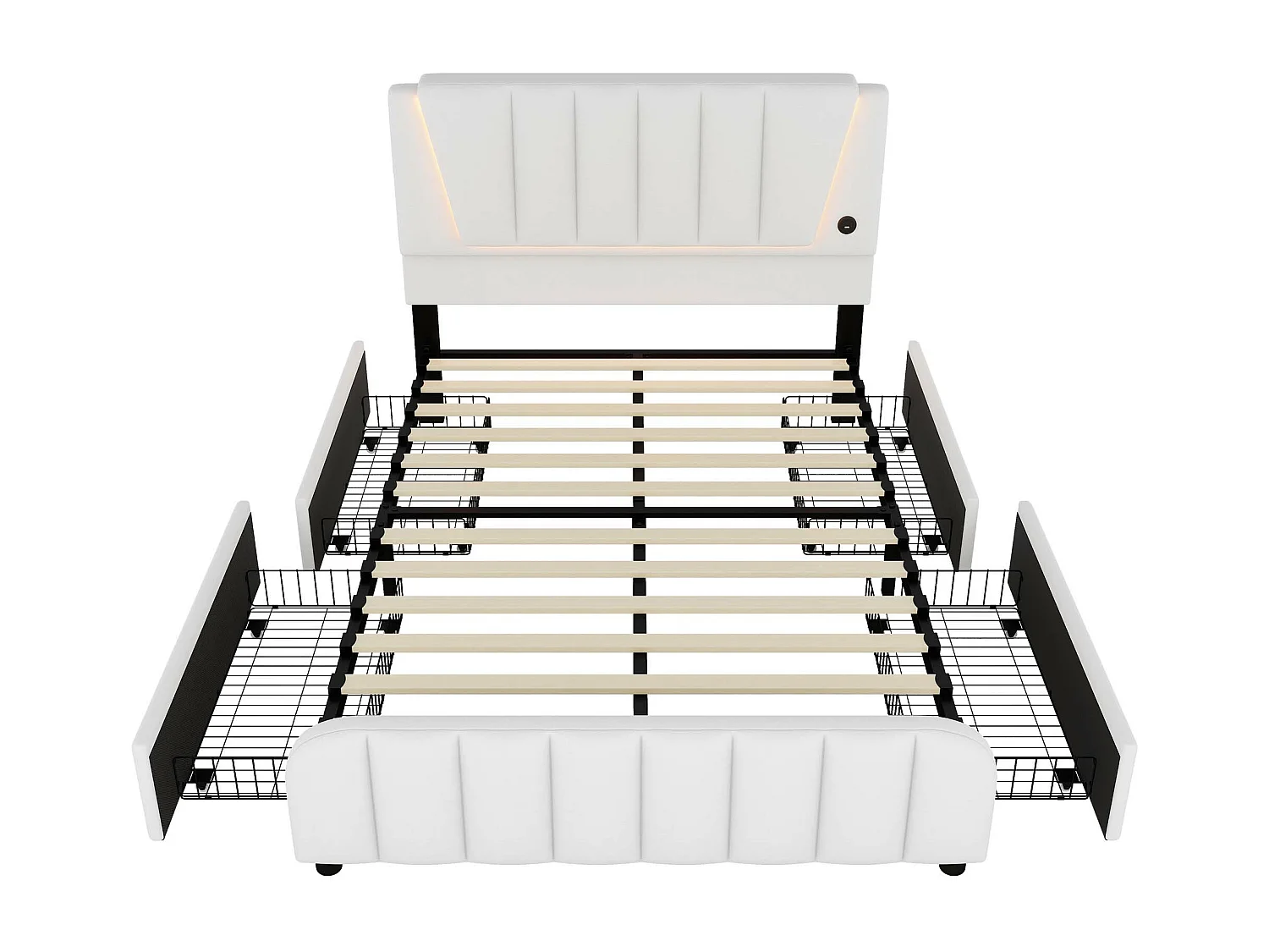 Lit capitonné 140 x 200 cm avec 4 tiroirs et tête de lit réglable - LEDs - tissu en lin - beige