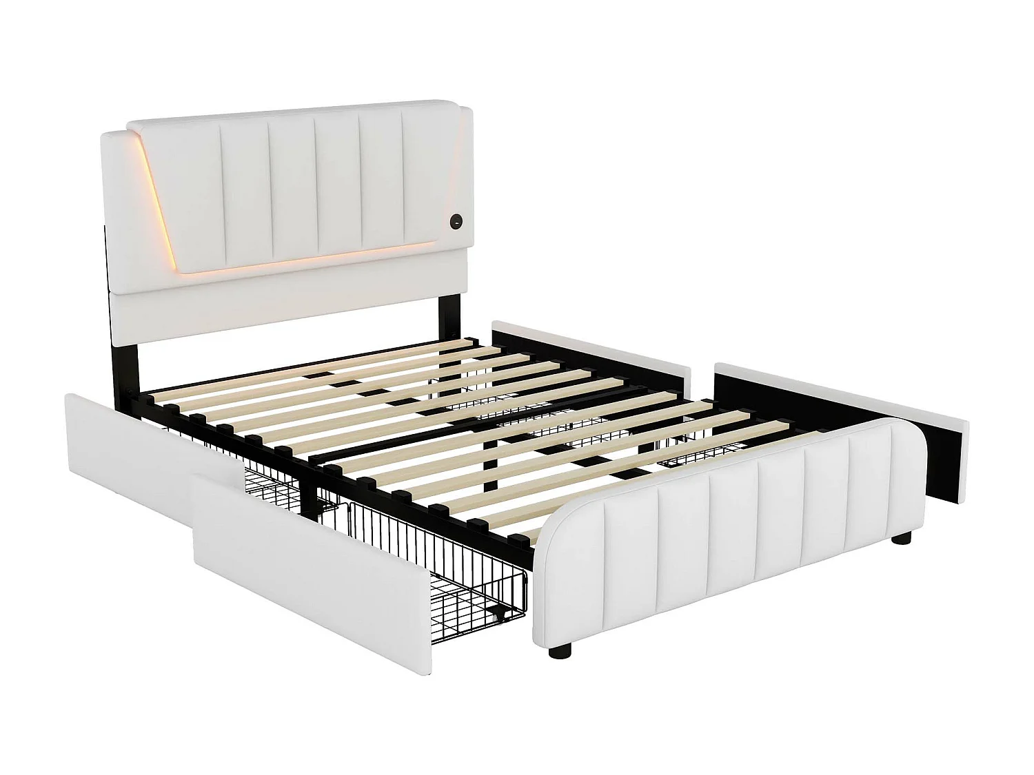 Lit capitonné 140 x 200 cm avec 4 tiroirs et tête de lit réglable - LEDs - tissu en lin - beige