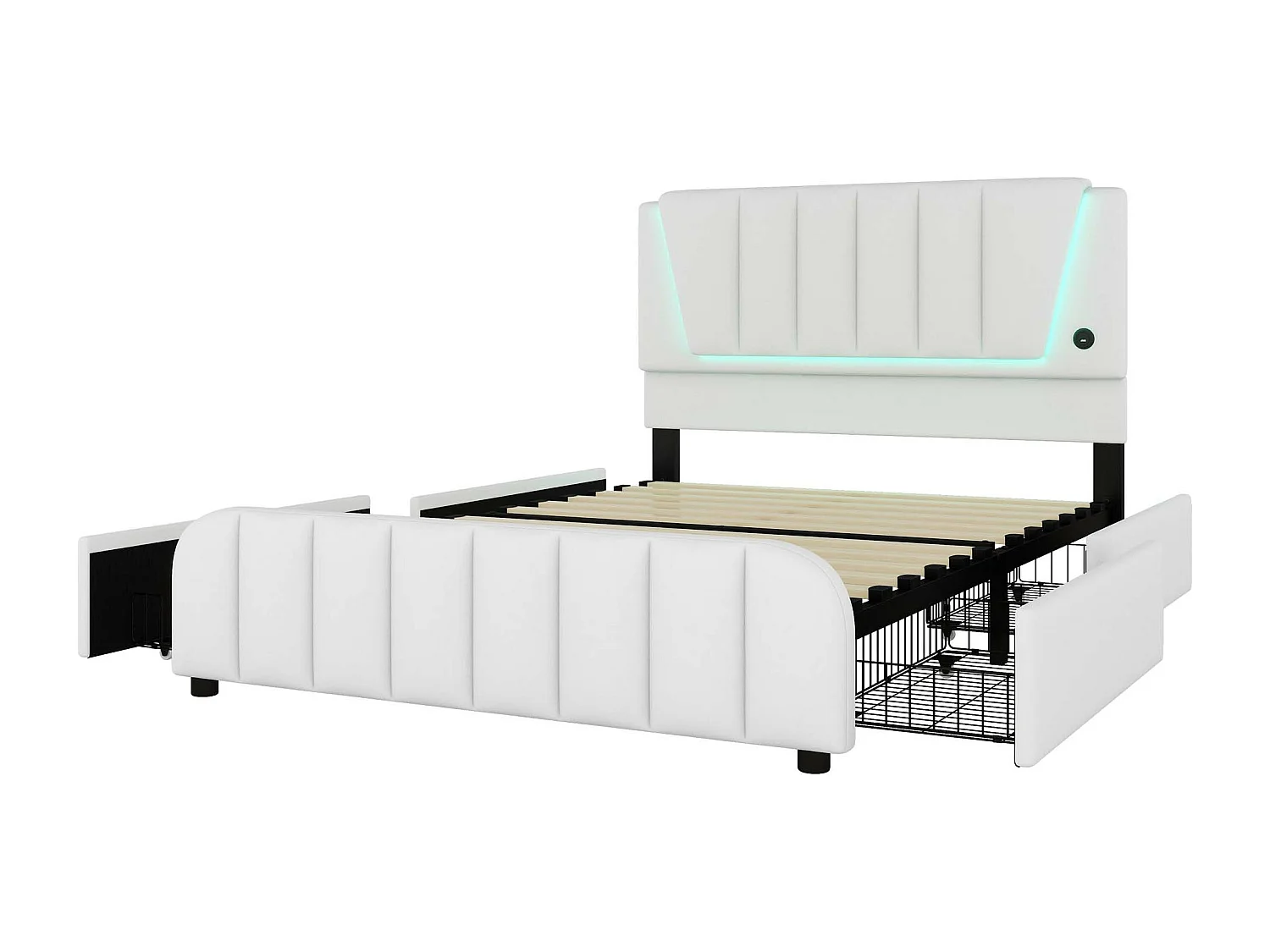 Lit capitonné 140 x 200 cm avec 4 tiroirs et tête de lit réglable - LEDs - tissu en lin - beige