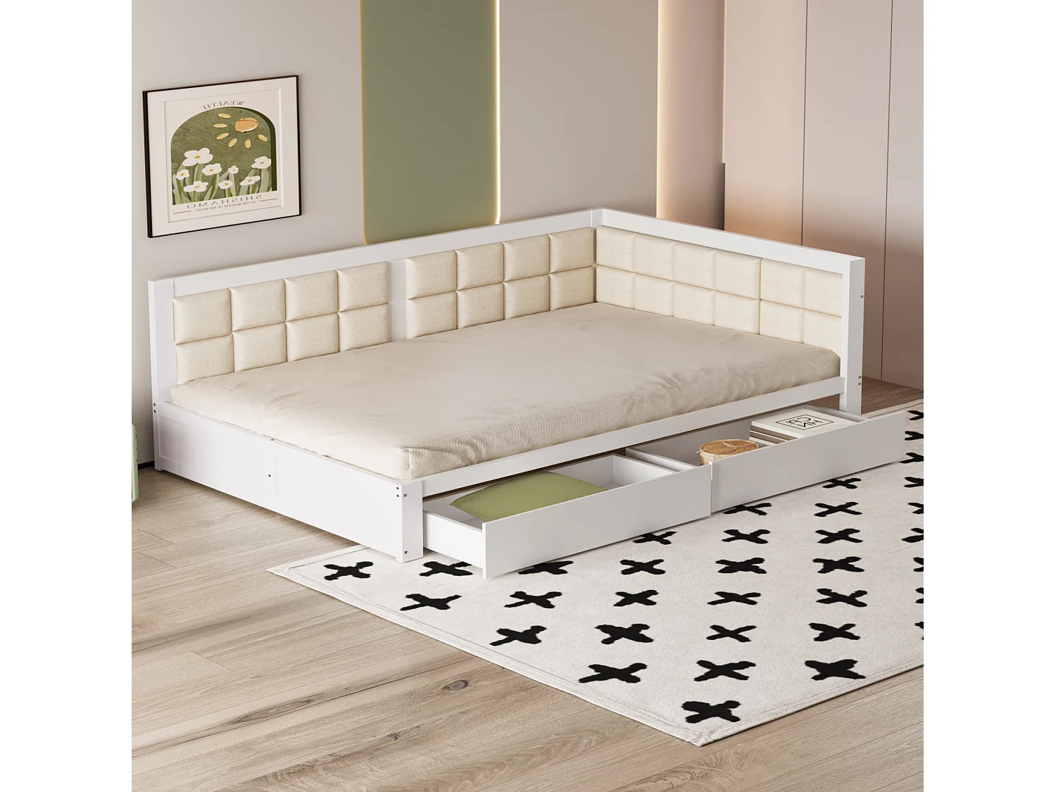 Łóżko tapicerowane 140 x 200 cm z 2 szufladami i miękkim oparciem, sofa rozkładana - sosna + MDF - białe (bez materaca)