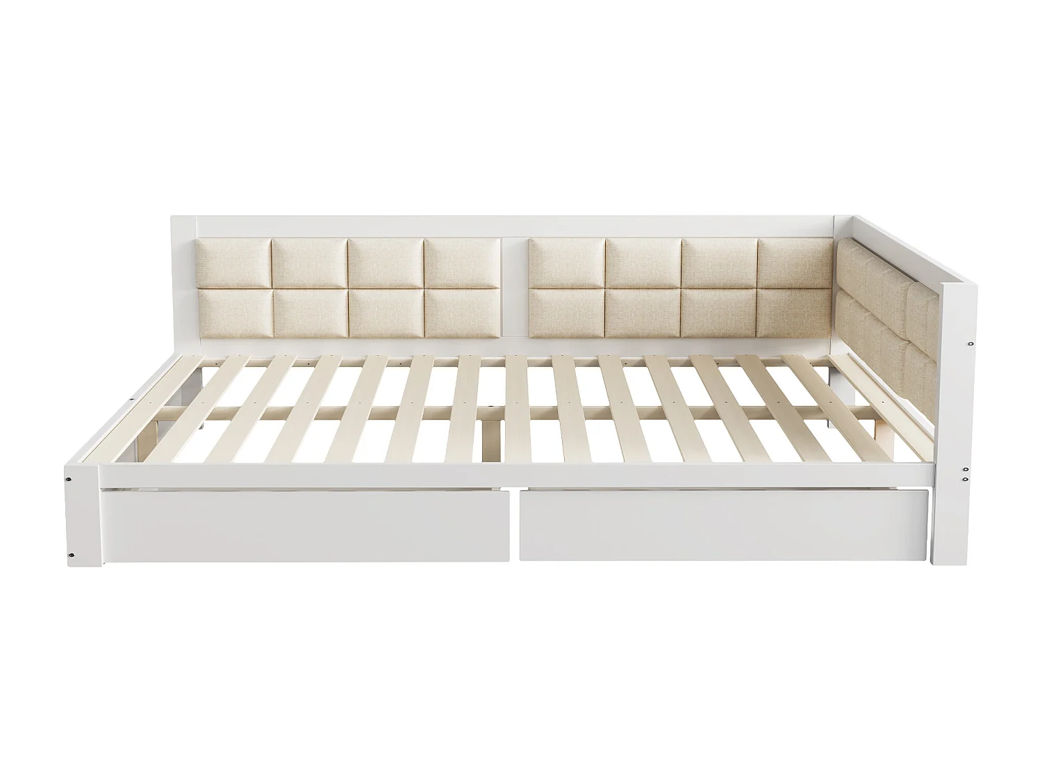 Łóżko tapicerowane 140 x 200 cm z 2 szufladami i miękkim oparciem, sofa rozkładana - sosna + MDF - białe (bez materaca)