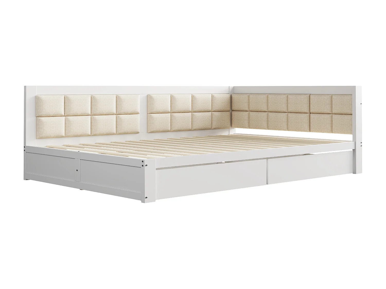 Lit capitonné 140 x 200 cm avec 2 tiroirs et forme de dossier moelleuse, canapé-lit - pin + MDF - blanc (sans matelas)