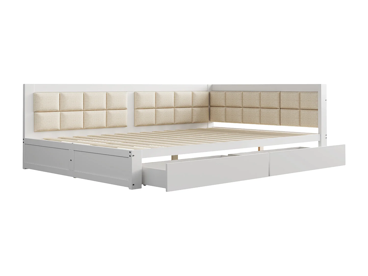 Lit capitonné 140 x 200 cm avec 2 tiroirs et forme de dossier moelleuse, canapé-lit - pin + MDF - blanc (sans matelas)