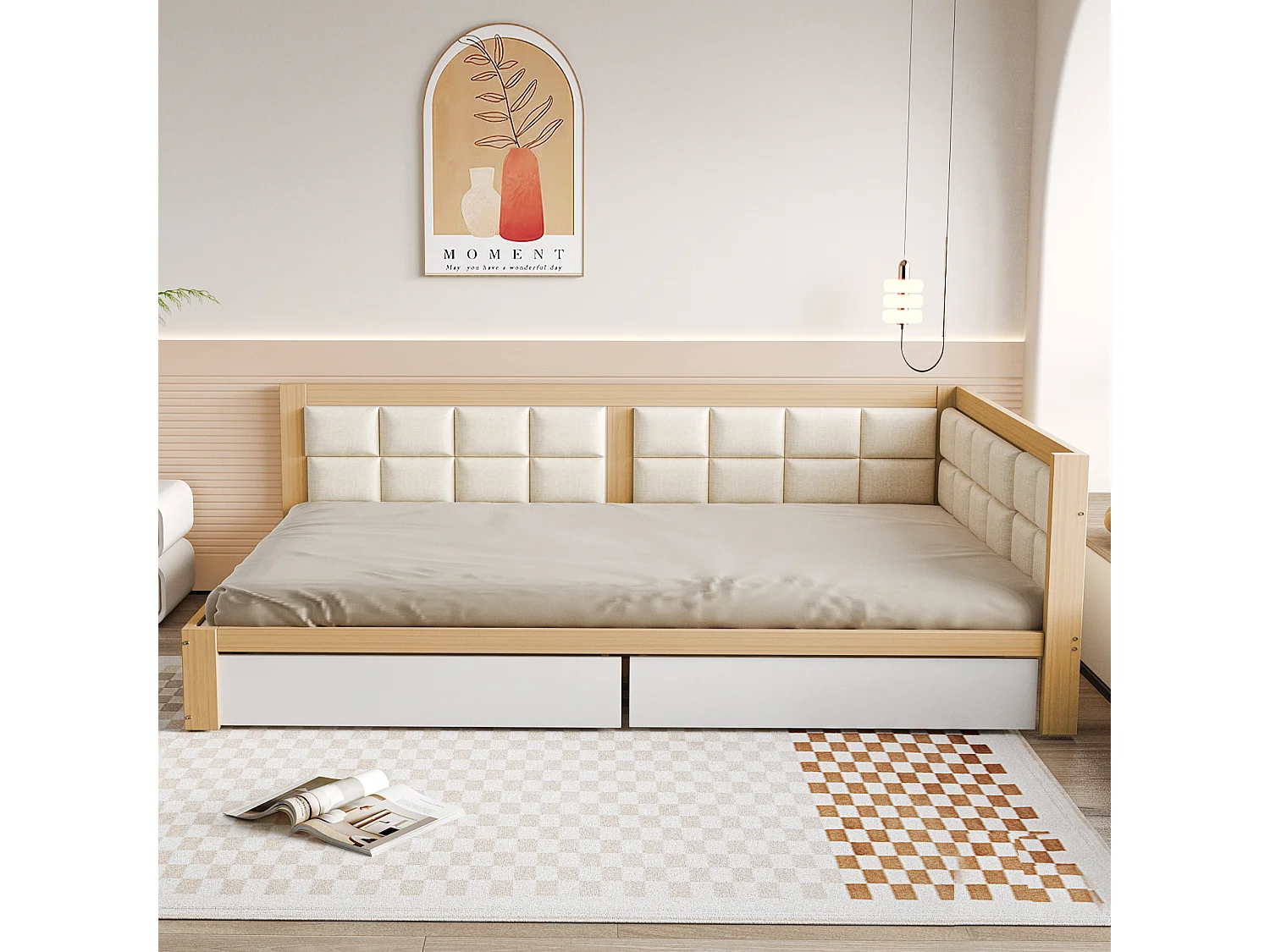 Lit capitonné 140 x 200 cm avec 2 tiroirs et forme de dossier moelleuse, canapé-lit - pin + MDF - naturel + blanc (sans matelas)