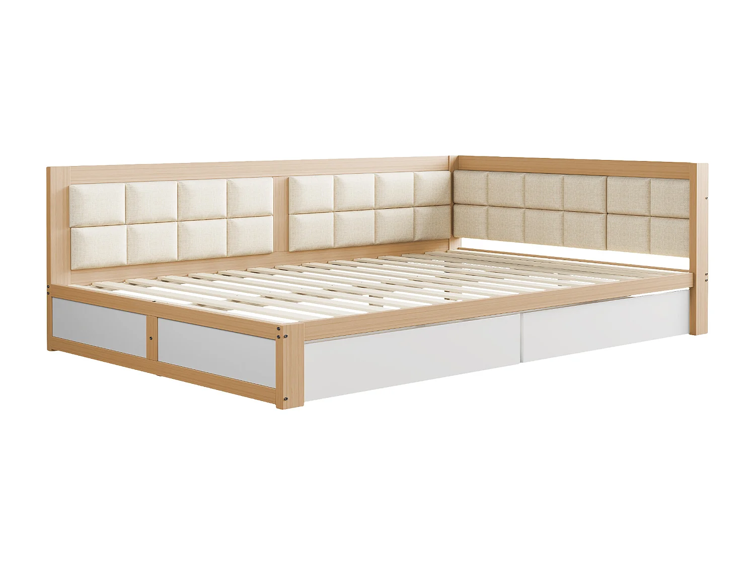 Lit capitonné 140 x 200 cm avec 2 tiroirs et forme de dossier moelleuse, canapé-lit - pin + MDF - naturel + blanc (sans matelas)