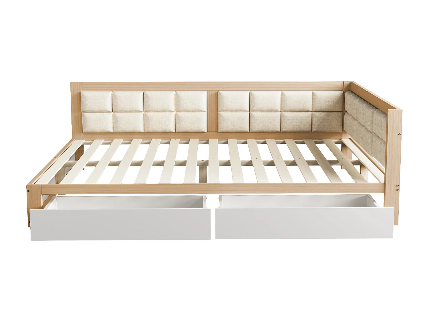 Lit capitonné 140 x 200 cm avec 2 tiroirs et forme de dossier moelleuse, canapé-lit - pin + MDF - naturel + blanc (sans matelas)