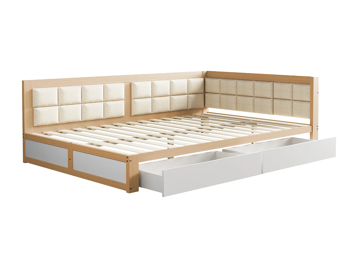 Lit capitonné 140 x 200 cm avec 2 tiroirs et forme de dossier moelleuse, canapé-lit - pin + MDF - naturel + blanc (sans matelas)