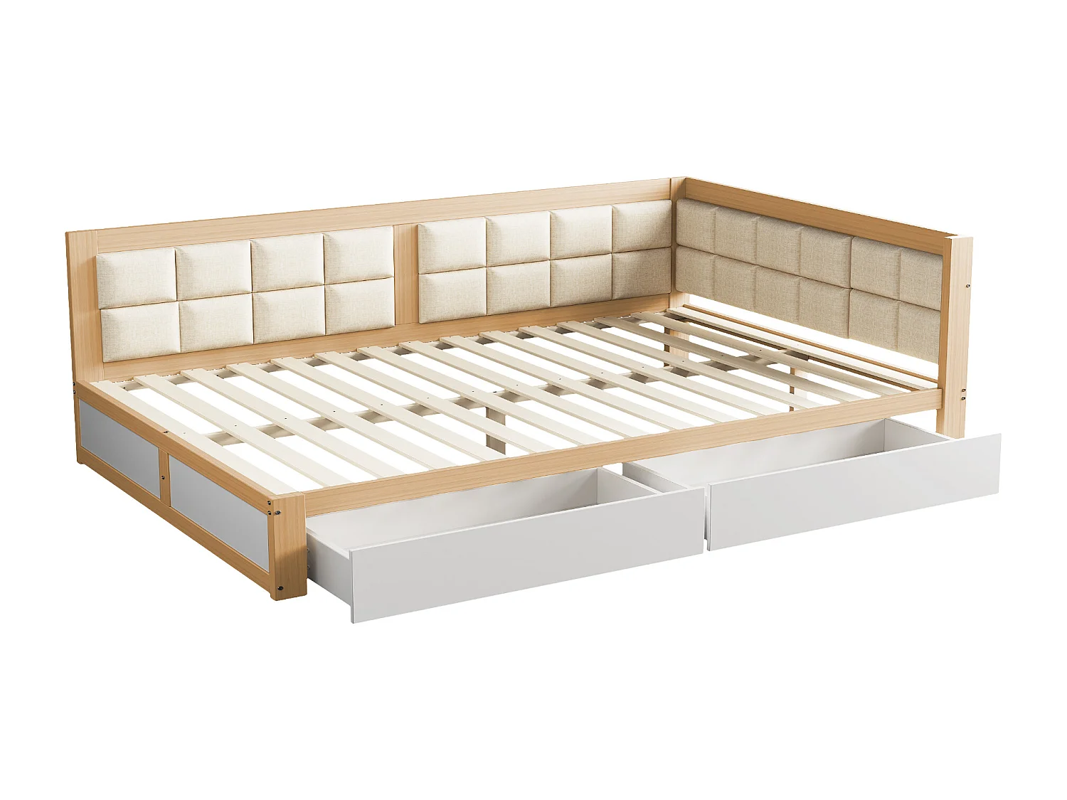 Lit capitonné 140 x 200 cm avec 2 tiroirs et forme de dossier moelleuse, canapé-lit - pin + MDF - naturel + blanc (sans matelas)