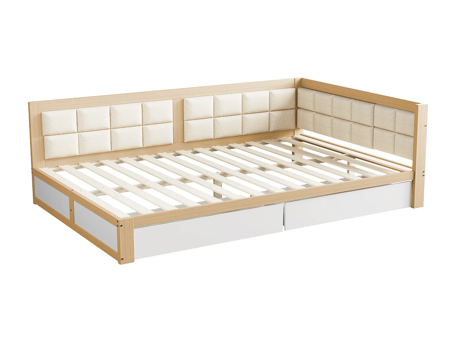 Lit capitonné 140 x 200 cm avec 2 tiroirs et forme de dossier moelleuse, canapé-lit - pin + MDF - naturel + blanc (sans matelas)