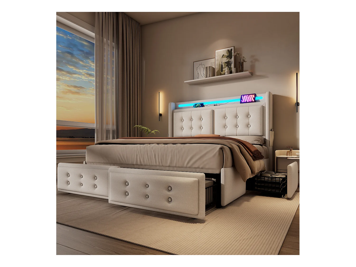 Letto imbottito 160 x 200 cm con 4 cassetti, testiera LED, presa USB Type-C - Tessuto in cotone - Beige (senza materasso)