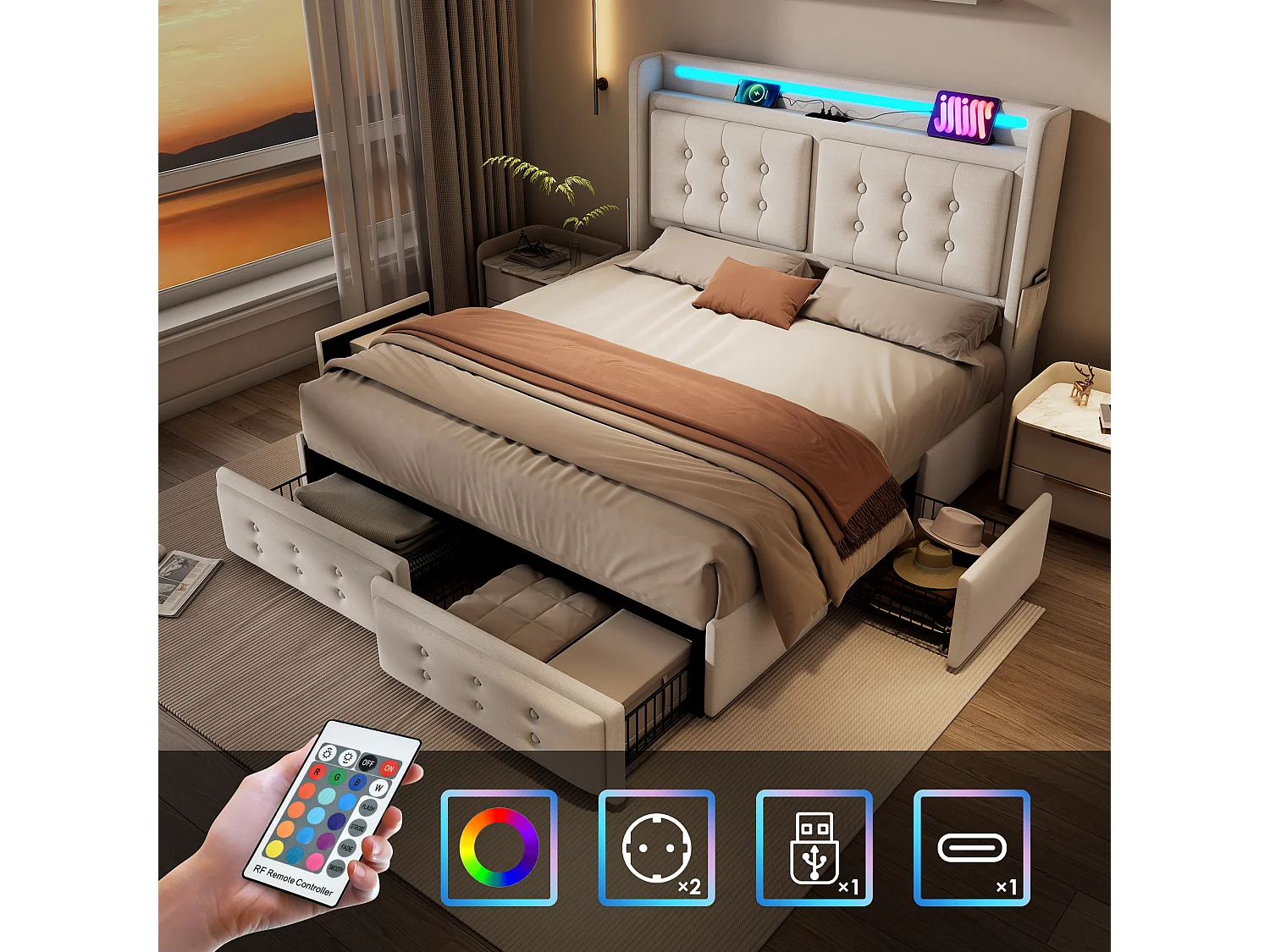 Lit capitonné 140 x 200 cm avec 4 tiroirs, tête de lit LED, prise USB Type-C - Tissu en coton - Beige (sans matelas)