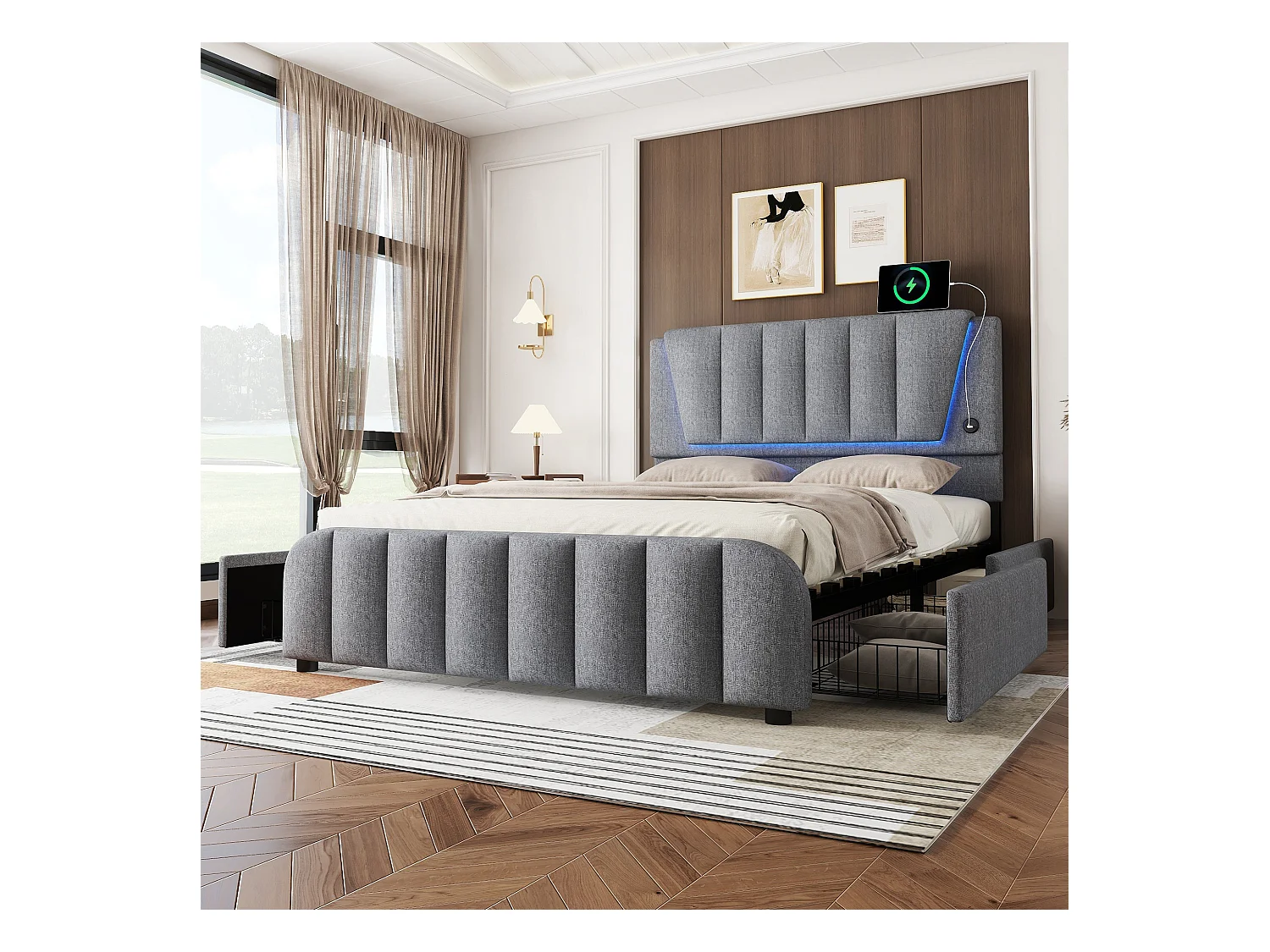 Lit capitonné 140 x 200 cm avec 4 tiroirs et tête de lit réglable - LEDs - tissu en lin - gris