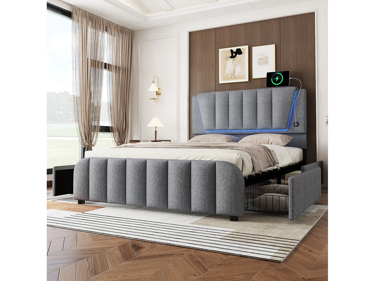 Lit capitonné 140 x 200 cm avec 4 tiroirs et tête de lit réglable - LEDs - tissu en lin - gris