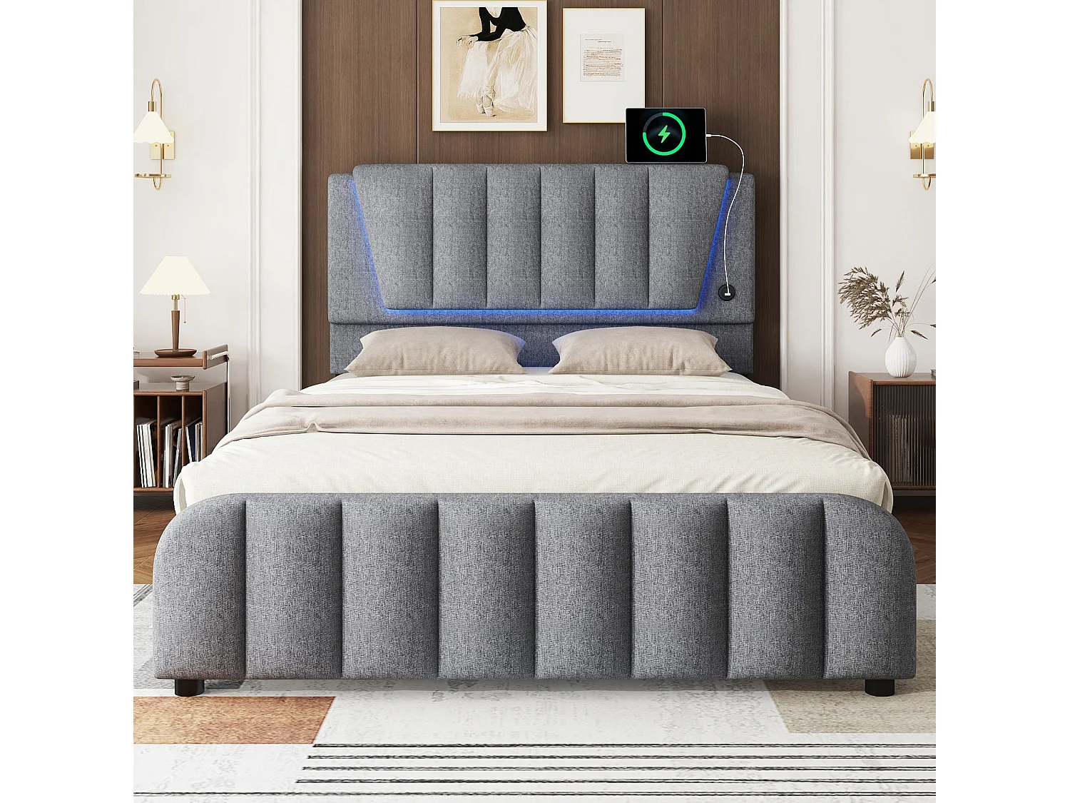 Lit capitonné 140 x 200 cm avec 4 tiroirs et tête de lit réglable - LEDs - tissu en lin - gris