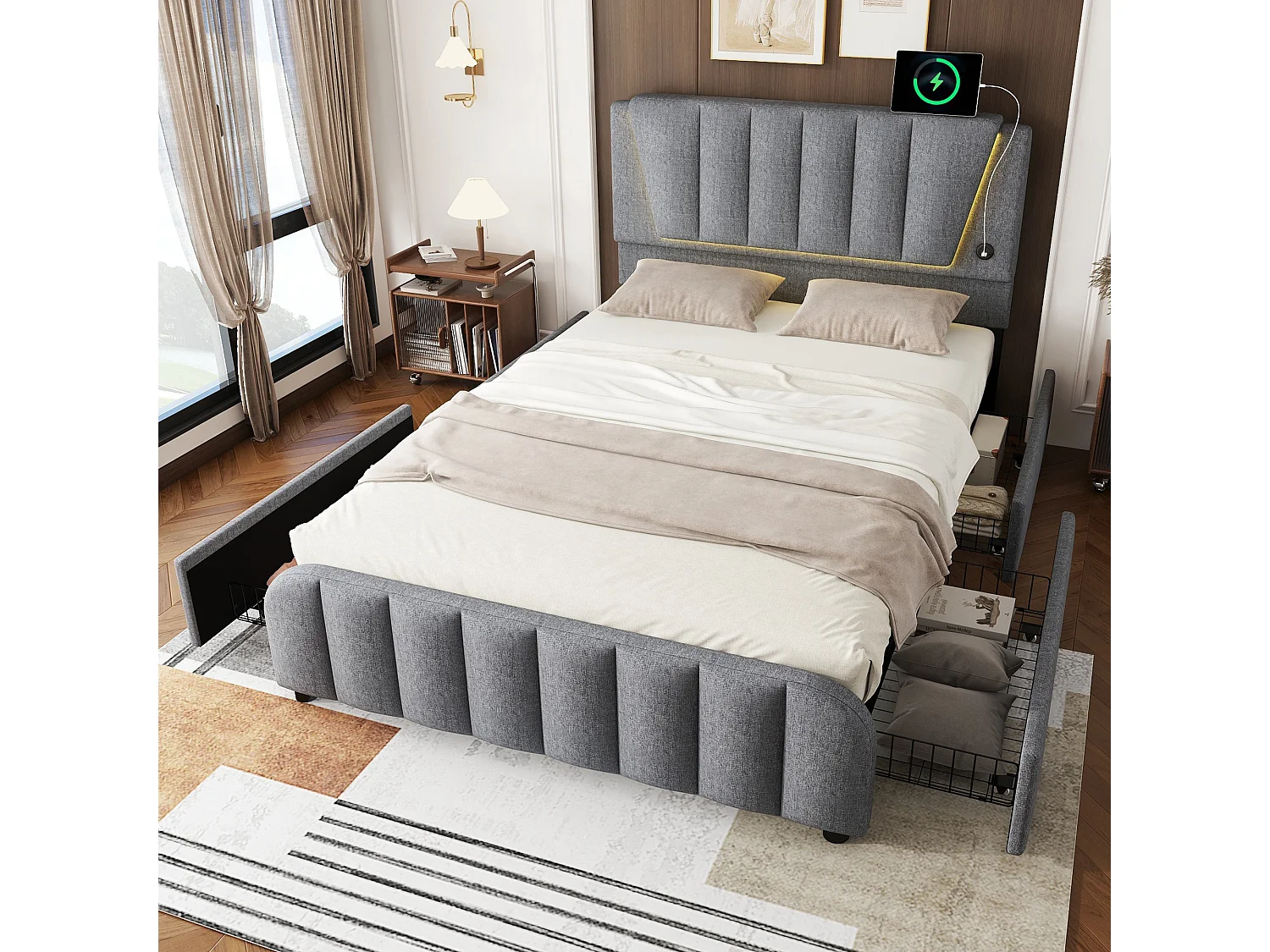 Lit capitonné 140 x 200 cm avec 4 tiroirs et tête de lit réglable - LEDs - tissu en lin - gris