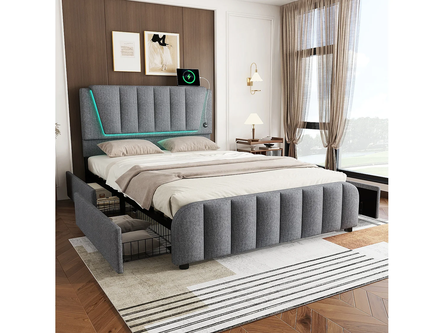 Lit capitonné 140 x 200 cm avec 4 tiroirs et tête de lit réglable - LEDs - tissu en lin - gris