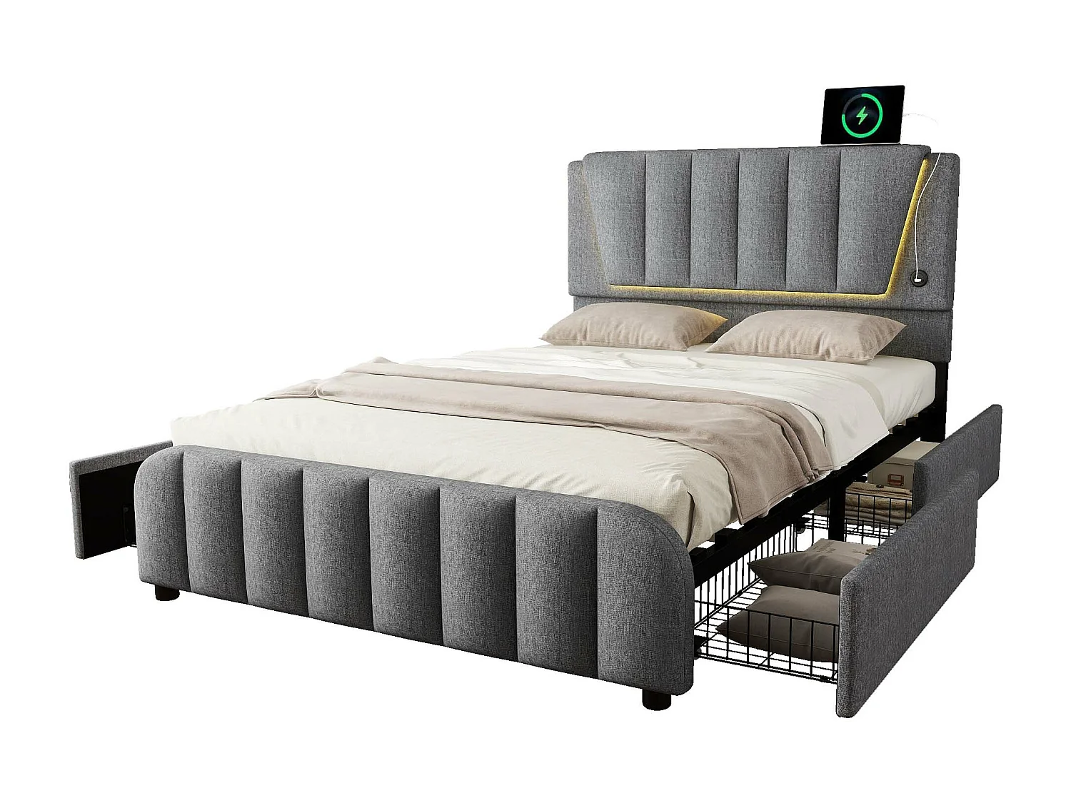 Lit capitonné 140 x 200 cm avec 4 tiroirs et tête de lit réglable - LEDs - tissu en lin - gris