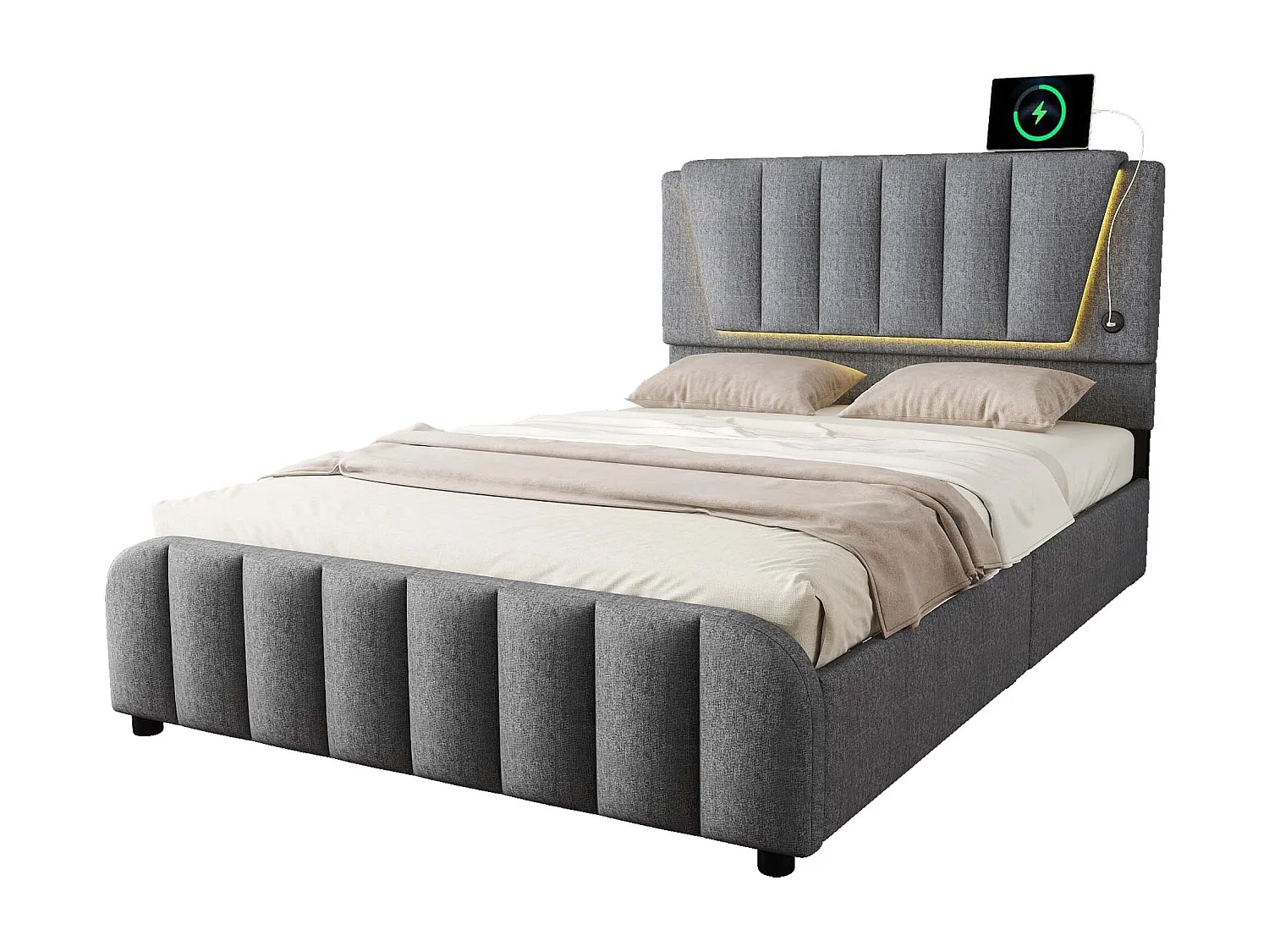 Lit capitonné 140 x 200 cm avec 4 tiroirs et tête de lit réglable - LEDs - tissu en lin - gris