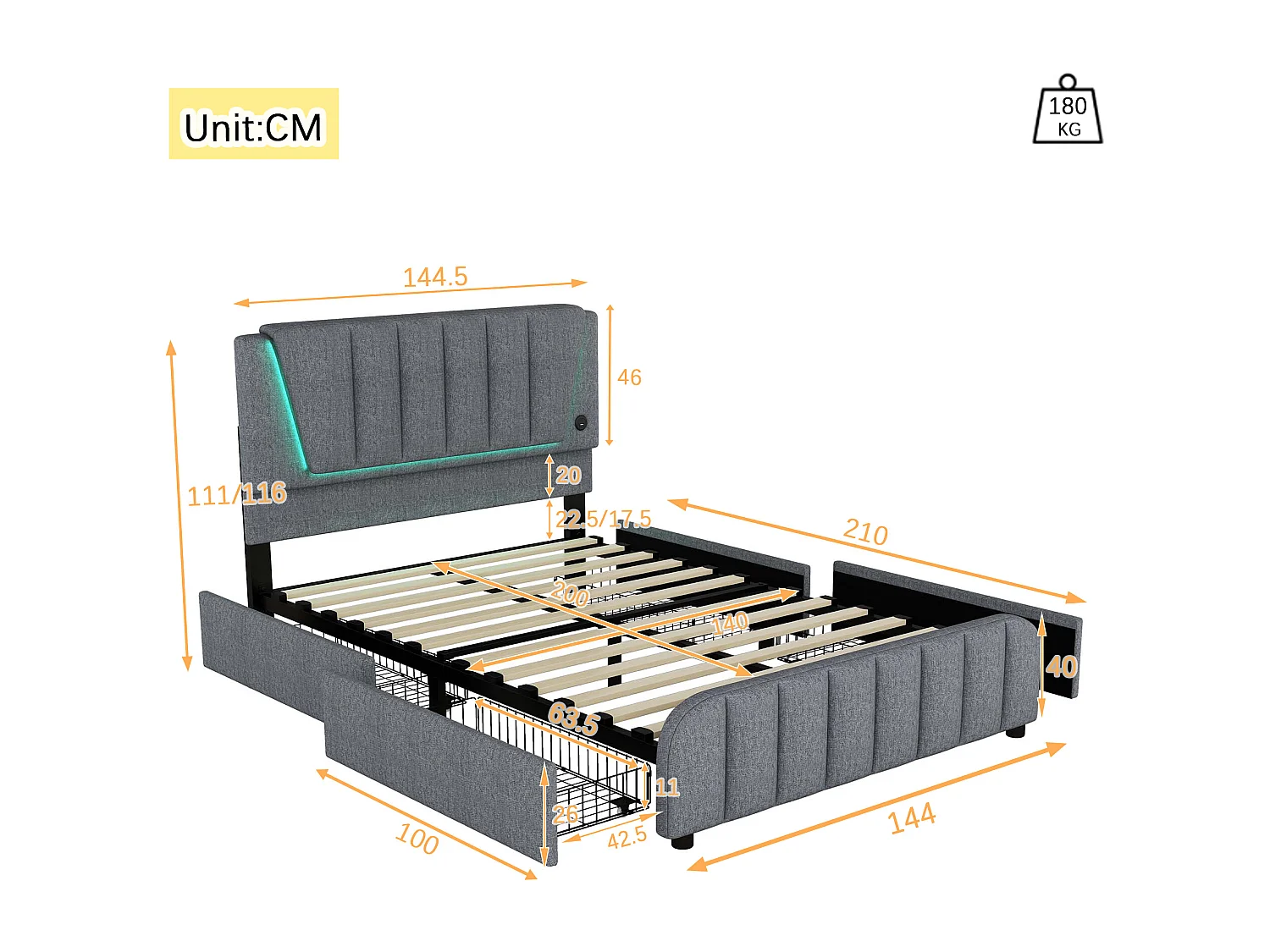 Lit capitonné 140 x 200 cm avec 4 tiroirs et tête de lit réglable - LEDs - tissu en lin - gris