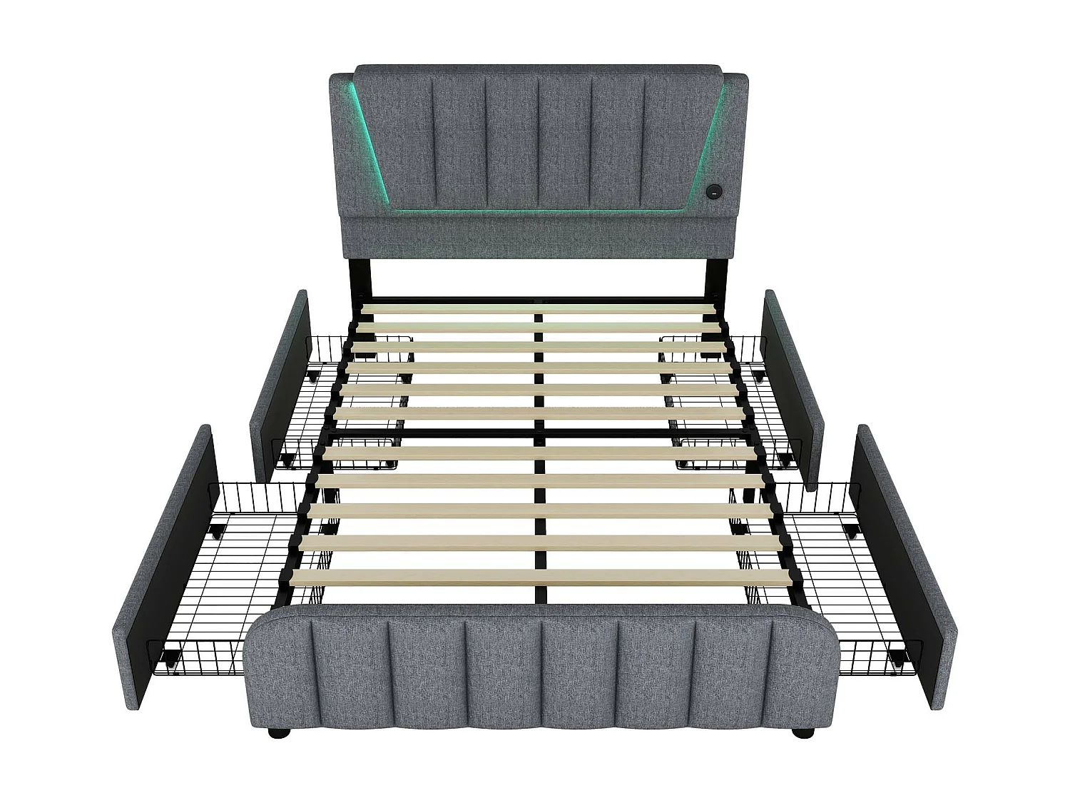 Lit capitonné 140 x 200 cm avec 4 tiroirs et tête de lit réglable - LEDs - tissu en lin - gris