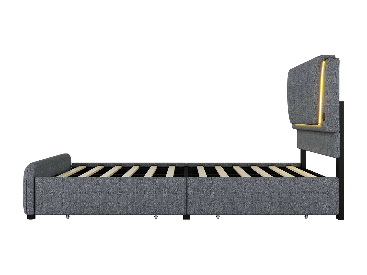 Lit capitonné 140 x 200 cm avec 4 tiroirs et tête de lit réglable - LEDs - tissu en lin - gris