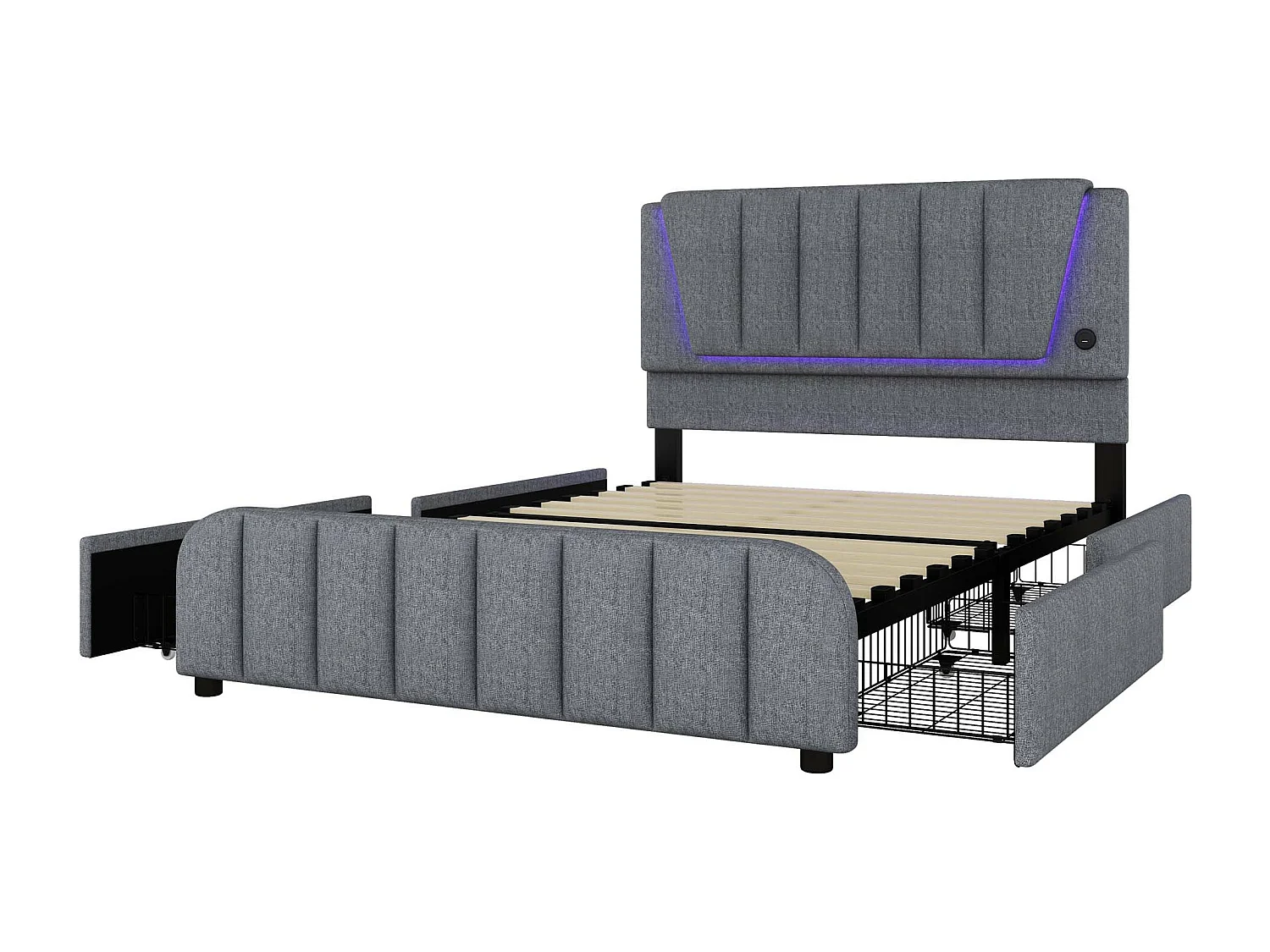 Lit capitonné 140 x 200 cm avec 4 tiroirs et tête de lit réglable - LEDs - tissu en lin - gris