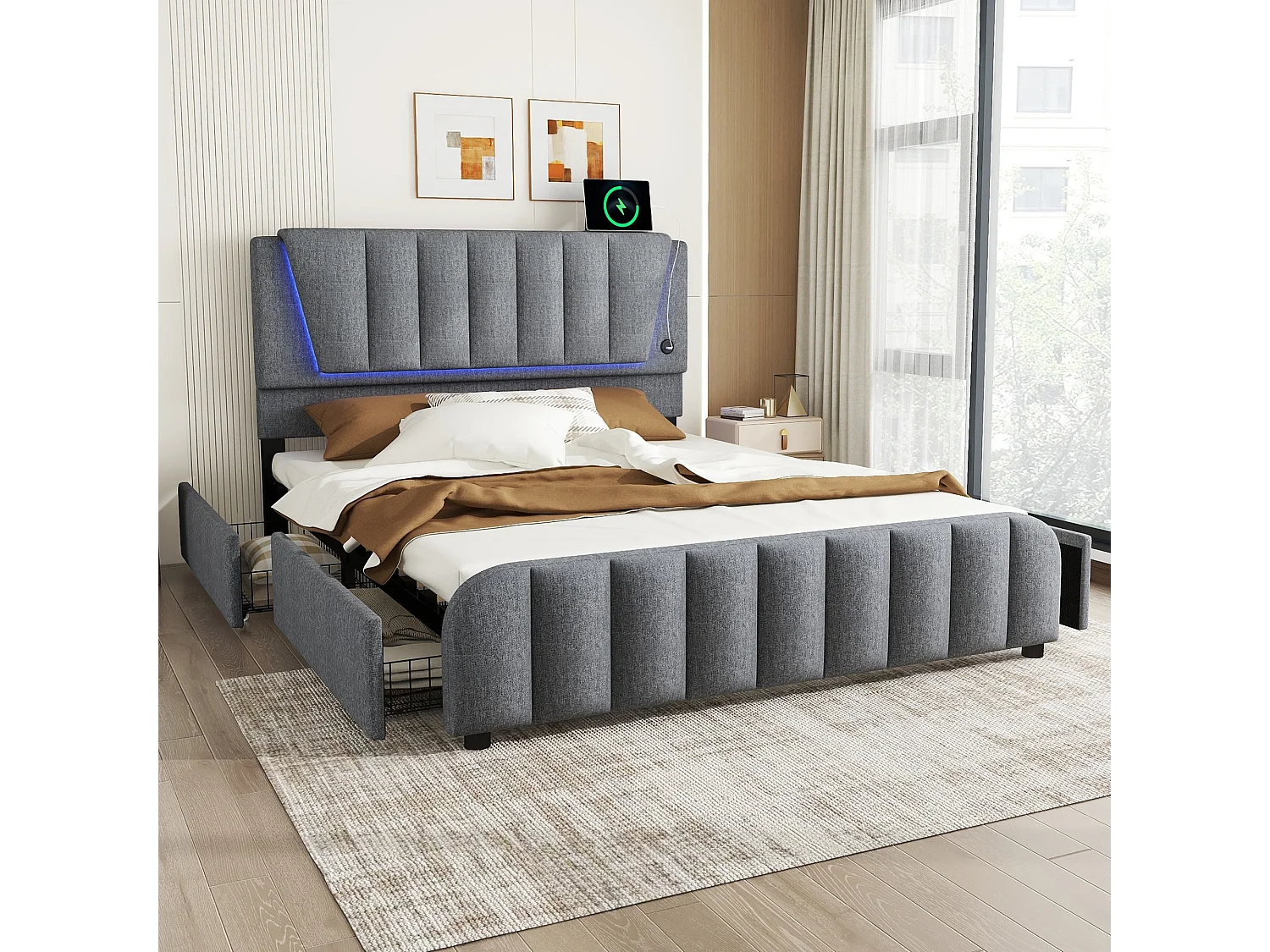 Gestoffeerd bed 160 x 200 cm met 4 lades en verstelbaar hoofdeinde - LED's - linnen stof - grijs