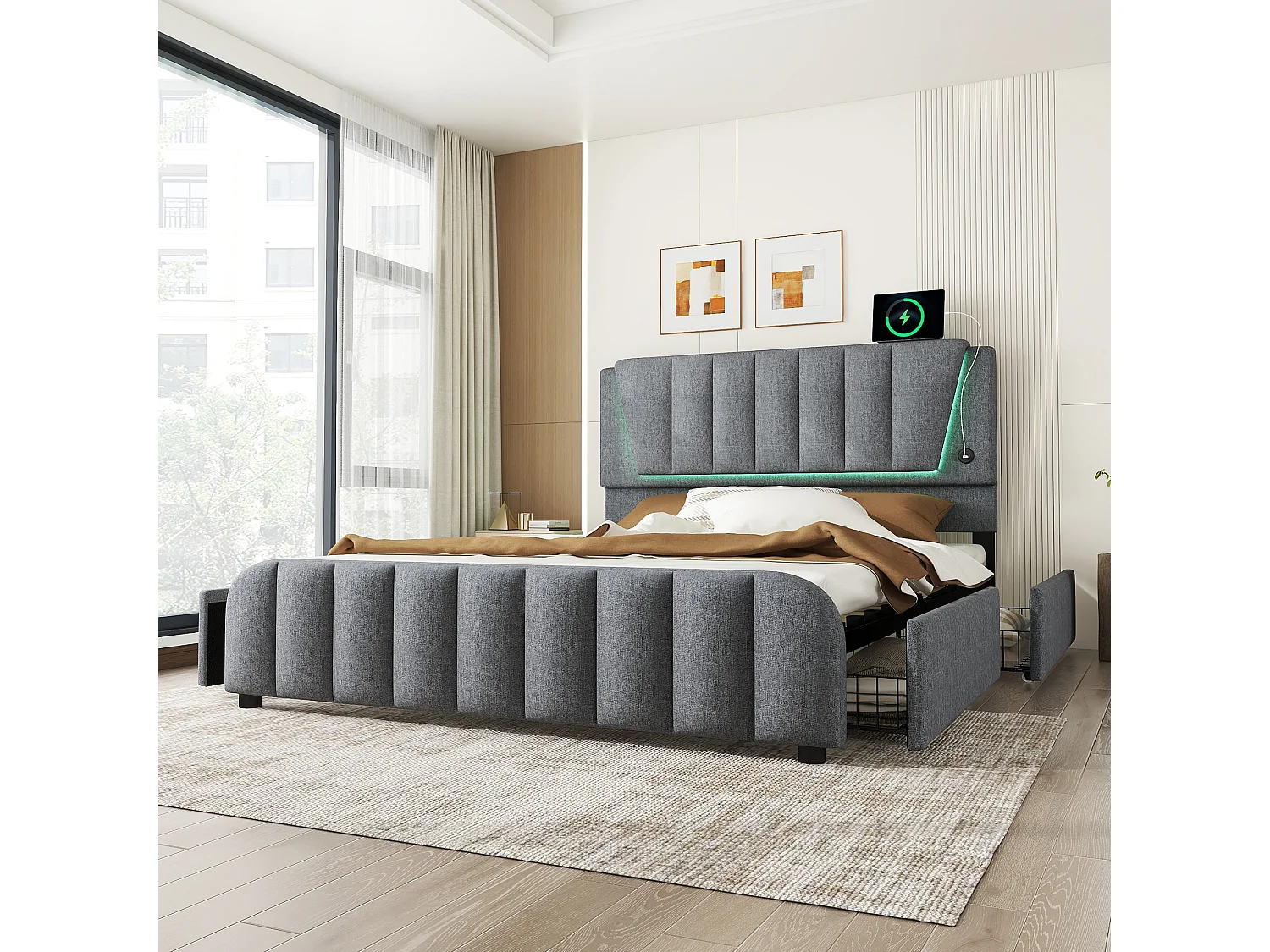 Gestoffeerd bed 160 x 200 cm met 4 lades en verstelbaar hoofdeinde - LED's - linnen stof - grijs