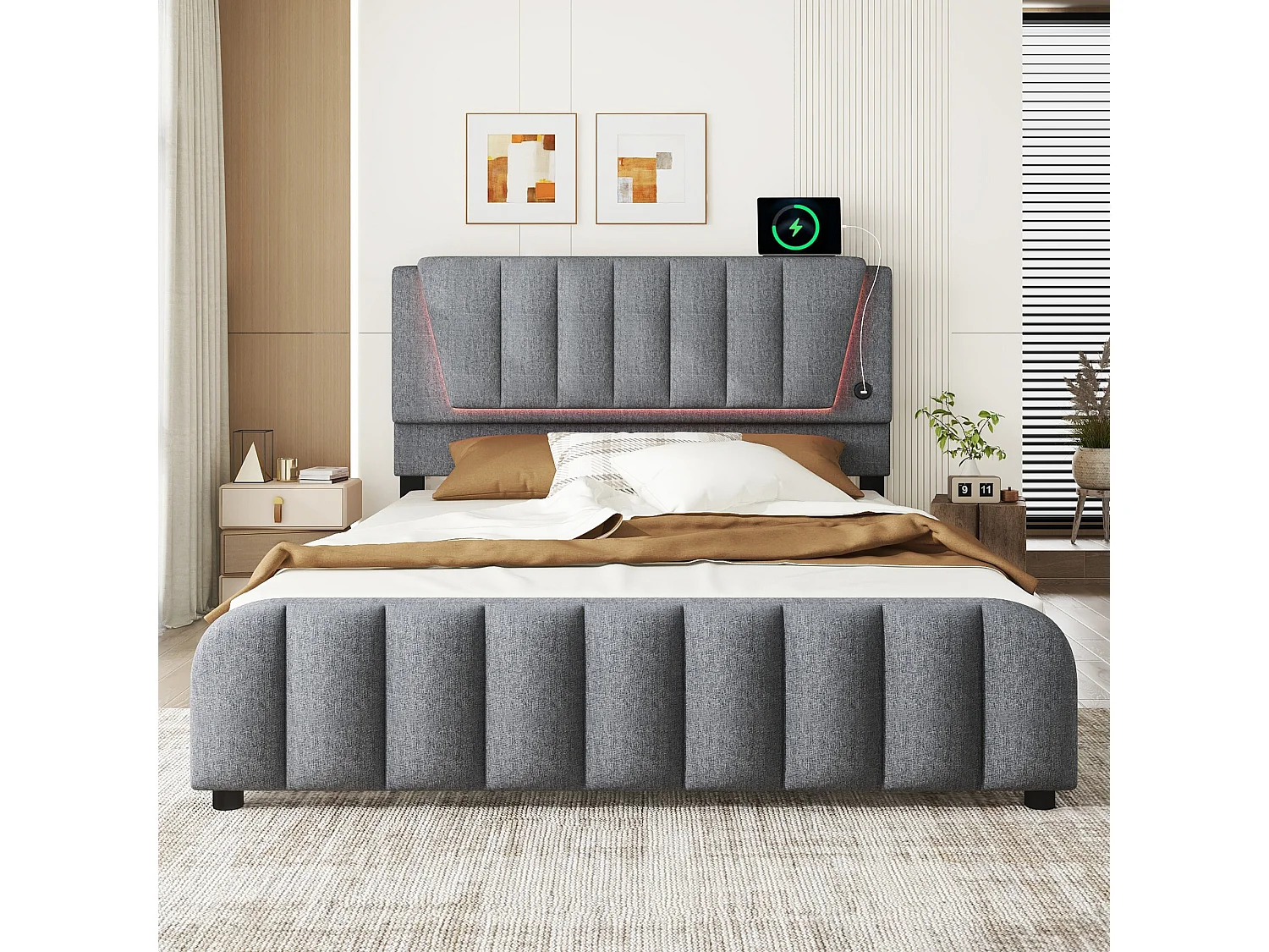 Gestoffeerd bed 160 x 200 cm met 4 lades en verstelbaar hoofdeinde - LED's - linnen stof - grijs