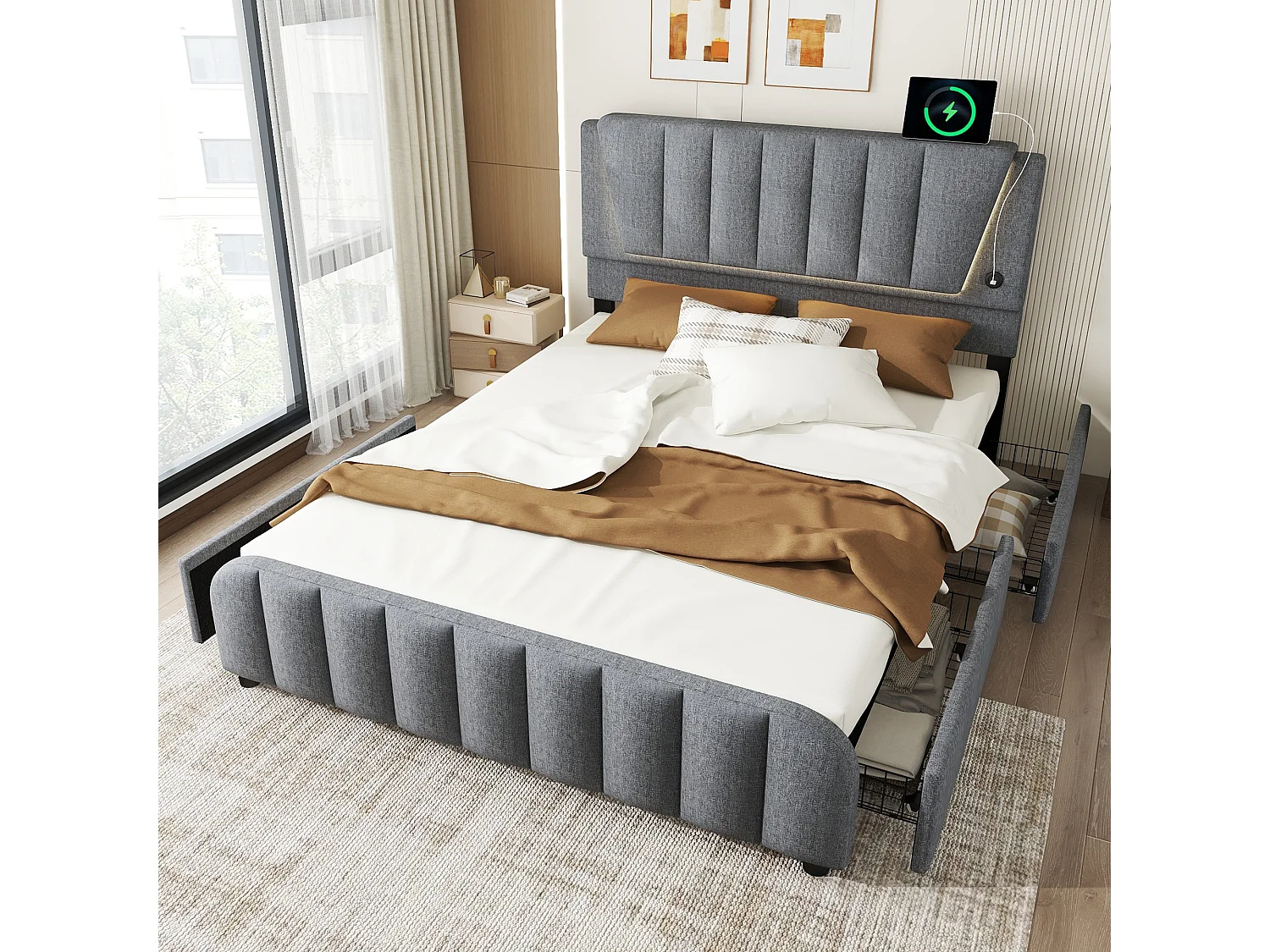 Gestoffeerd bed 160 x 200 cm met 4 lades en verstelbaar hoofdeinde - LED's - linnen stof - grijs