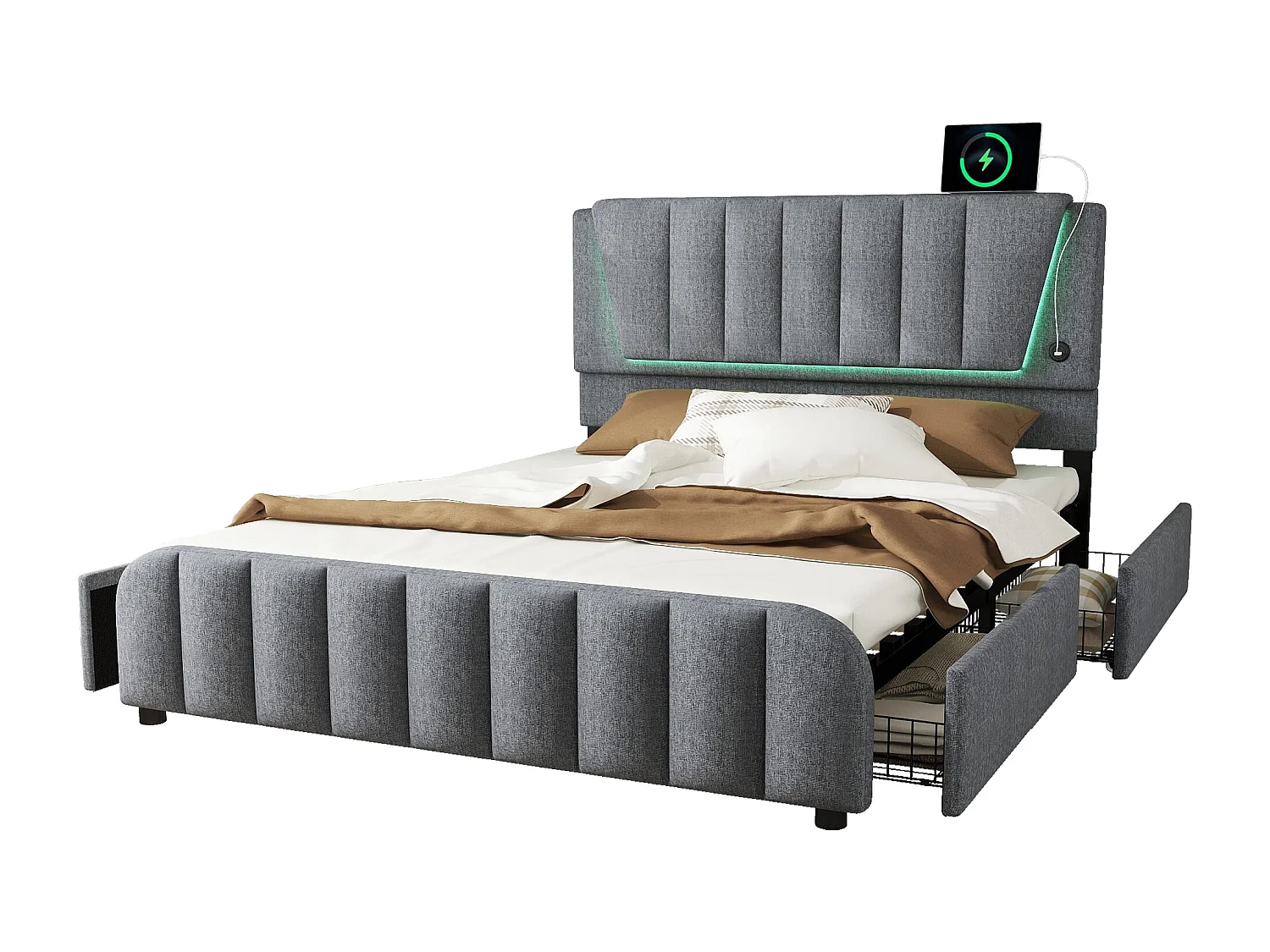 Gestoffeerd bed 160 x 200 cm met 4 lades en verstelbaar hoofdeinde - LED's - linnen stof - grijs
