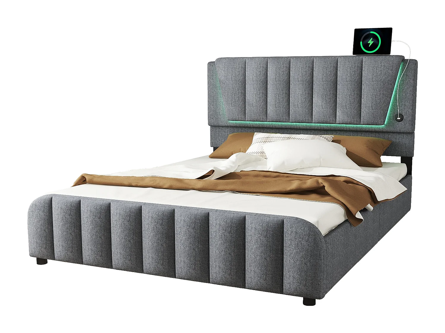 Gestoffeerd bed 160 x 200 cm met 4 lades en verstelbaar hoofdeinde - LED's - linnen stof - grijs