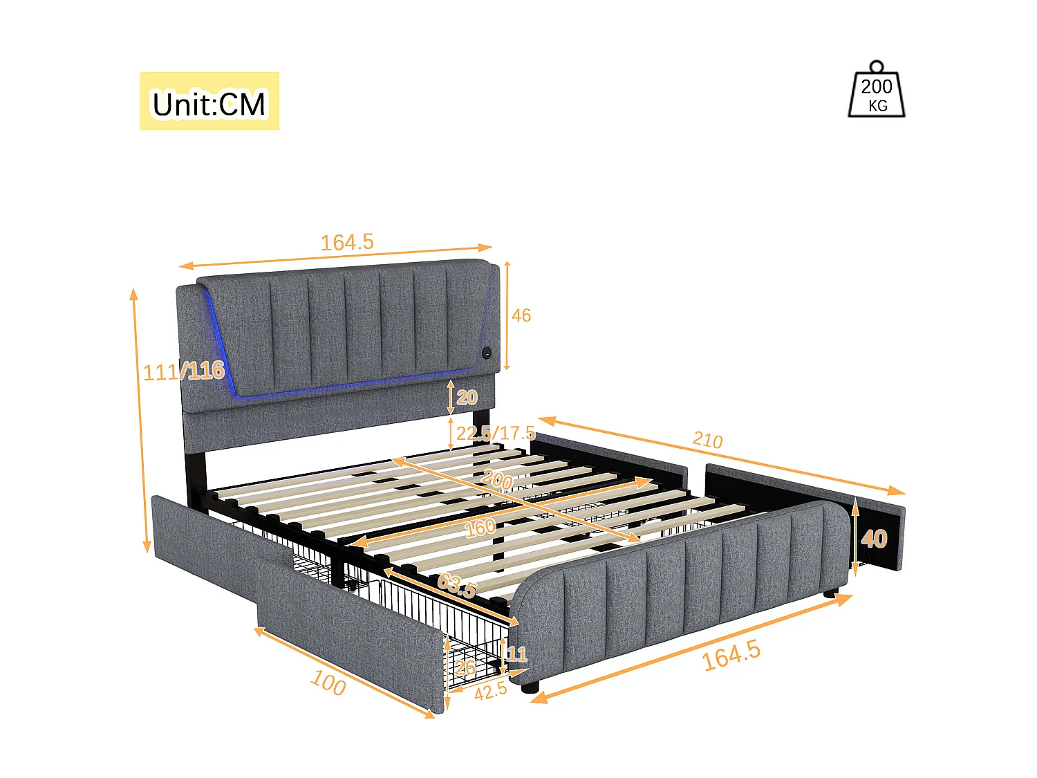 Gestoffeerd bed 160 x 200 cm met 4 lades en verstelbaar hoofdeinde - LED's - linnen stof - grijs
