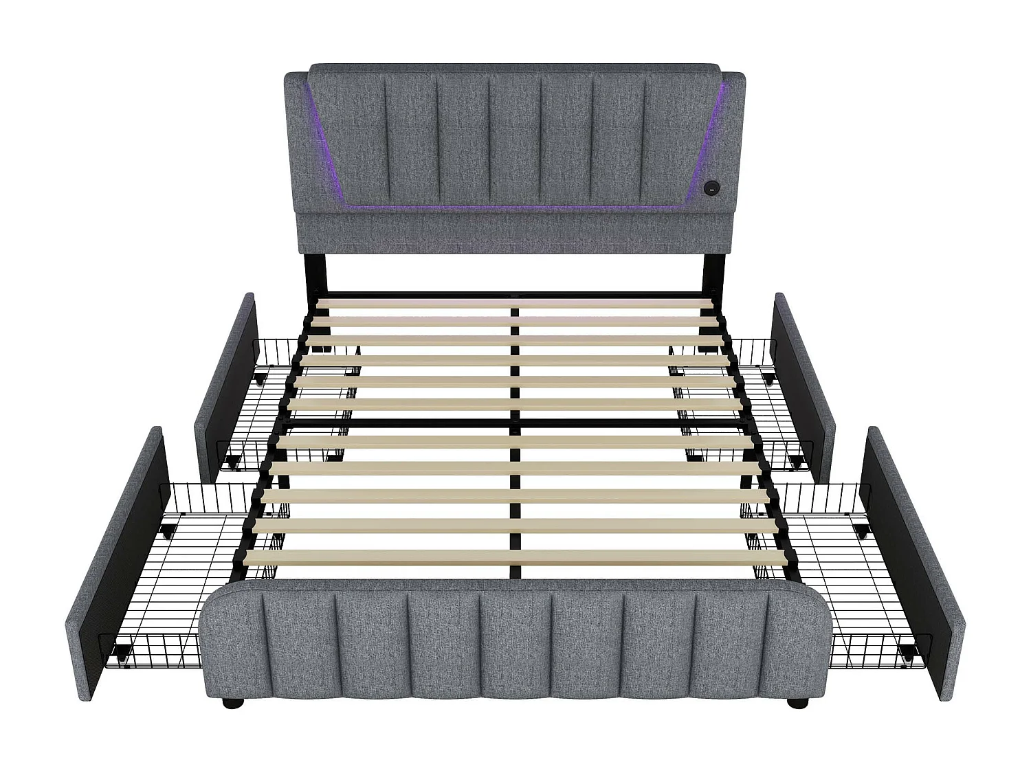 Gestoffeerd bed 160 x 200 cm met 4 lades en verstelbaar hoofdeinde - LED's - linnen stof - grijs