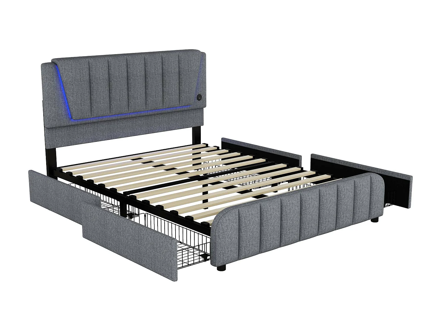 Gestoffeerd bed 160 x 200 cm met 4 lades en verstelbaar hoofdeinde - LED's - linnen stof - grijs