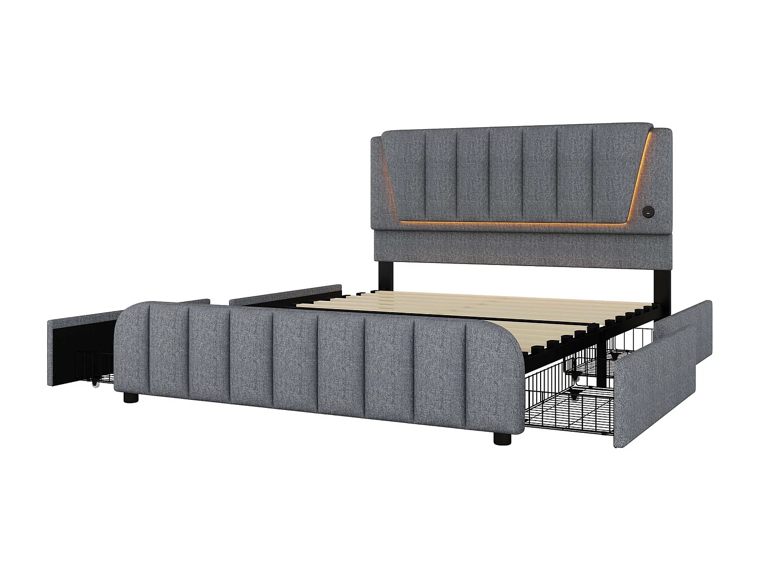 Gestoffeerd bed 160 x 200 cm met 4 lades en verstelbaar hoofdeinde - LED's - linnen stof - grijs