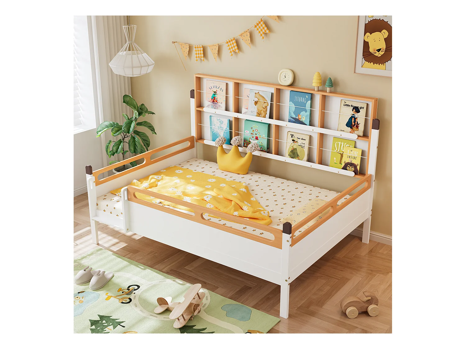 Letto per bambini 140 x 200 cm con libreria e protezione anticaduta - Pino + MDF - Bianco + naturale