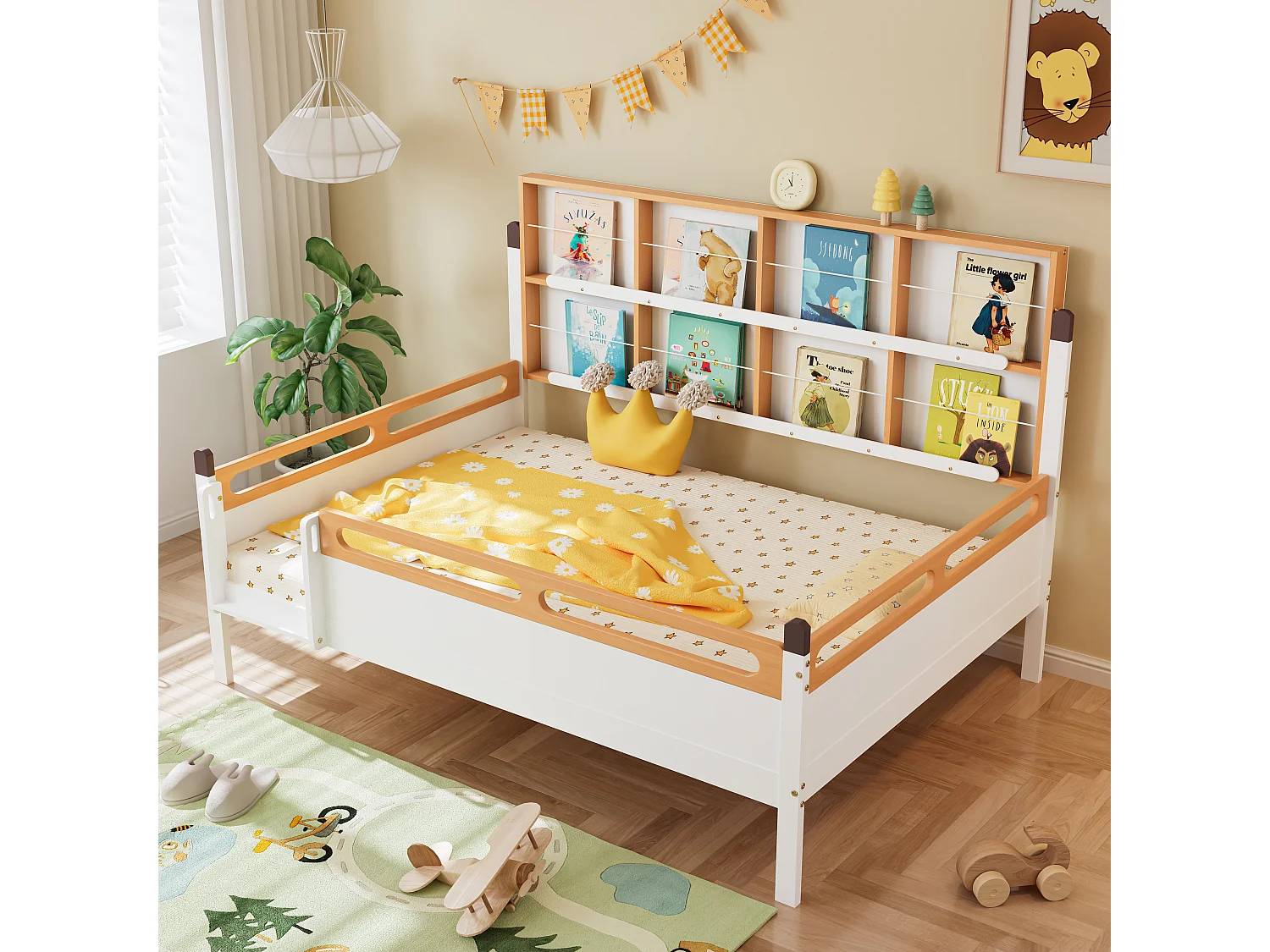 Letto per bambini 140 x 200 cm con libreria e protezione anticaduta - Pino + MDF - Bianco + naturale