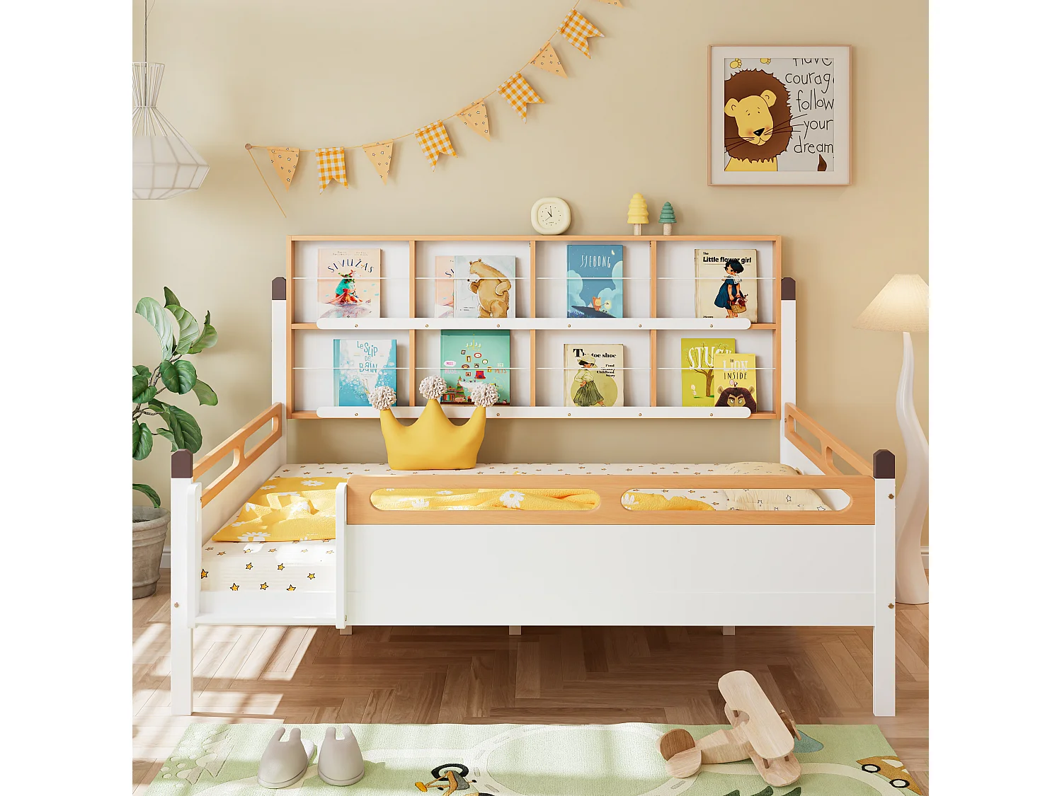 Letto per bambini 140 x 200 cm con libreria e protezione anticaduta - Pino + MDF - Bianco + naturale
