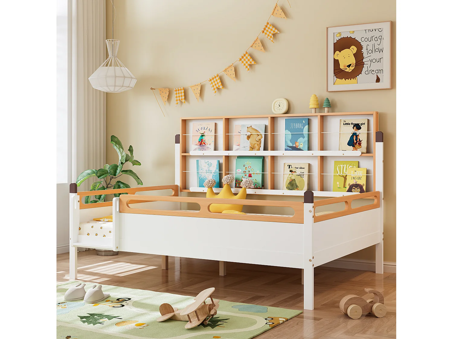 Letto per bambini 140 x 200 cm con libreria e protezione anticaduta - Pino + MDF - Bianco + naturale