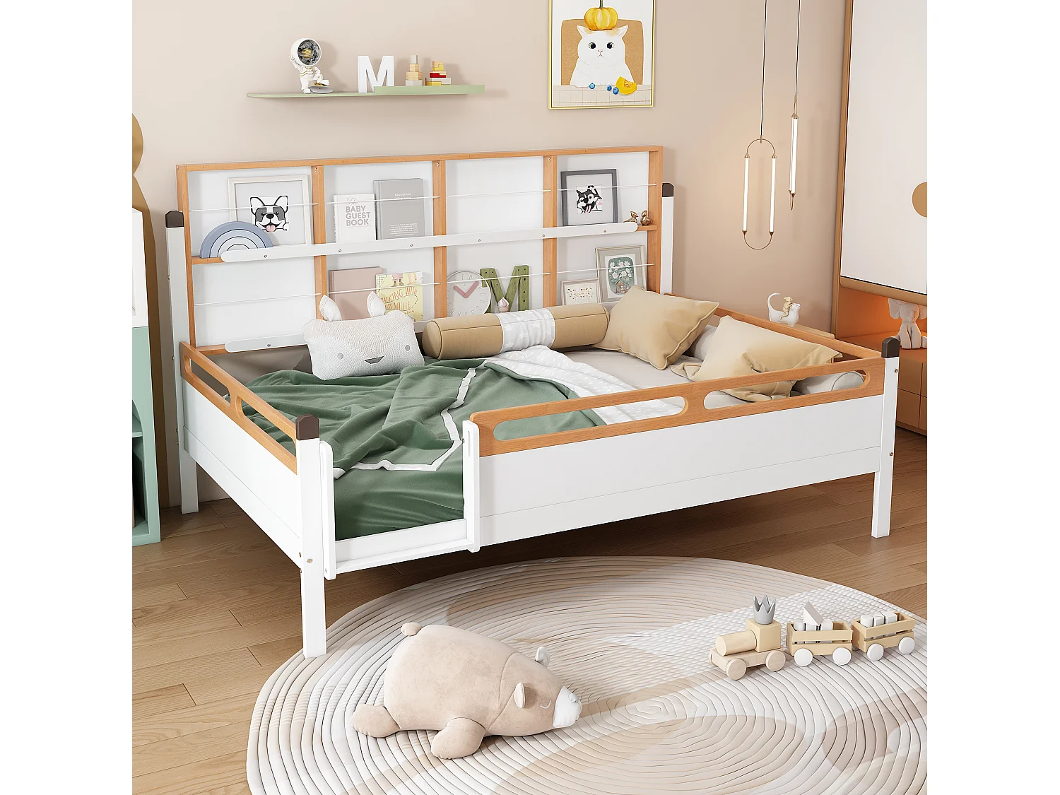 Letto per bambini 140 x 200 cm con libreria e protezione anticaduta - Pino + MDF - Bianco + naturale