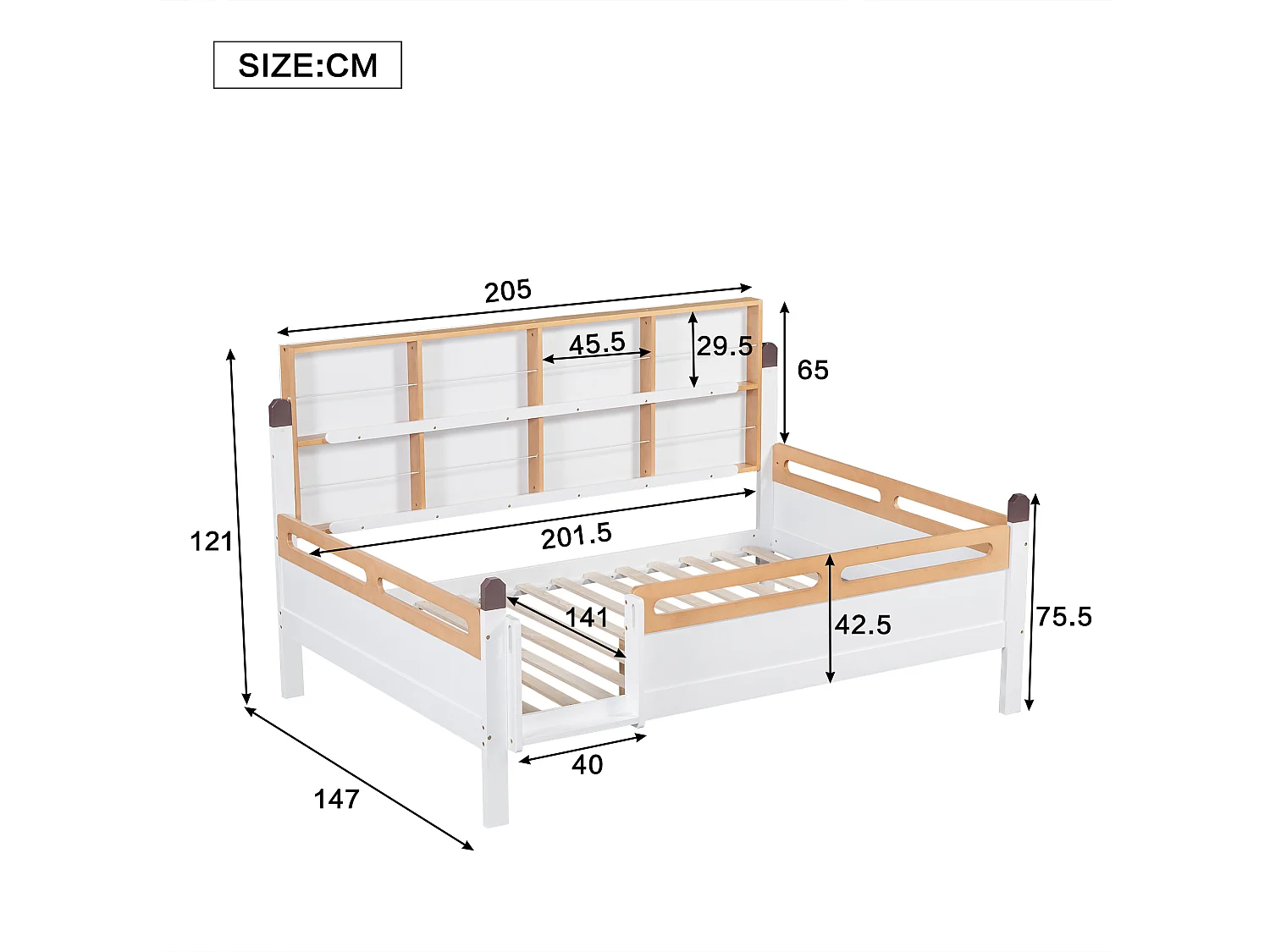 Letto per bambini 140 x 200 cm con libreria e protezione anticaduta - Pino + MDF - Bianco + naturale